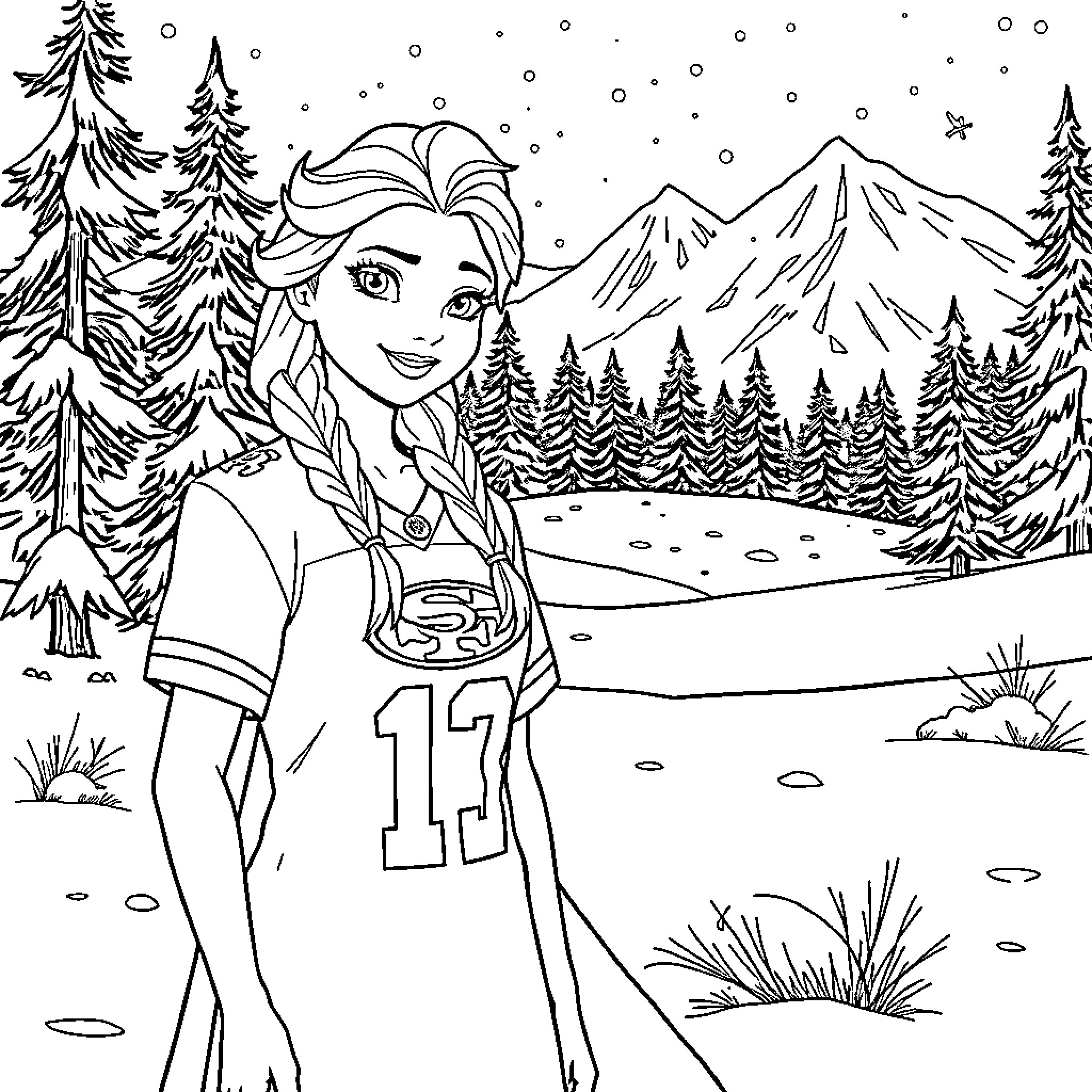 Elsa in a winter landscape with mountains and trees Coloring Page (free black-and-white line drawing printable PDF for all, from beginners to advanced learners, including children, teens, adults, and seniors)