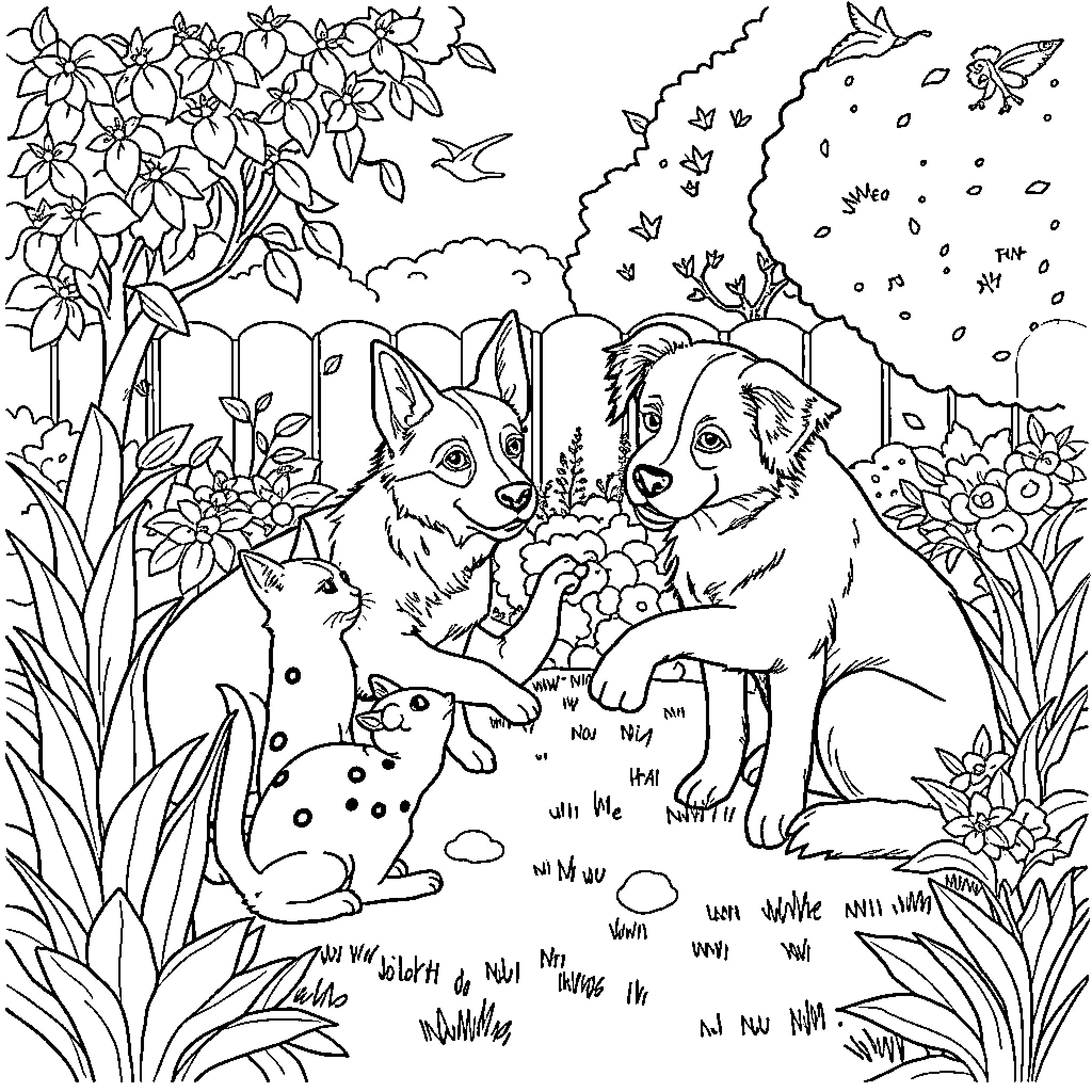 Domestic Animals Playing in Floral Garden Coloring Page (free black-and-white line drawing printable PDF for all, from beginners to advanced learners, including children, teens, adults, and seniors)