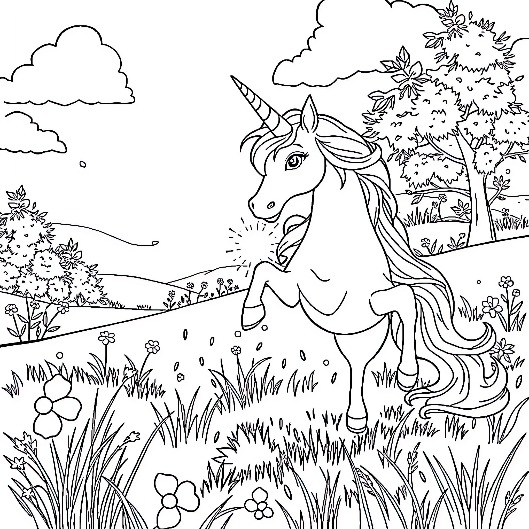 Elsa the Unicorn in a Magical Forest Coloring Page (free black-and-white line drawing printable PDF for all, from beginners to advanced learners, including children, teens, adults, and seniors)