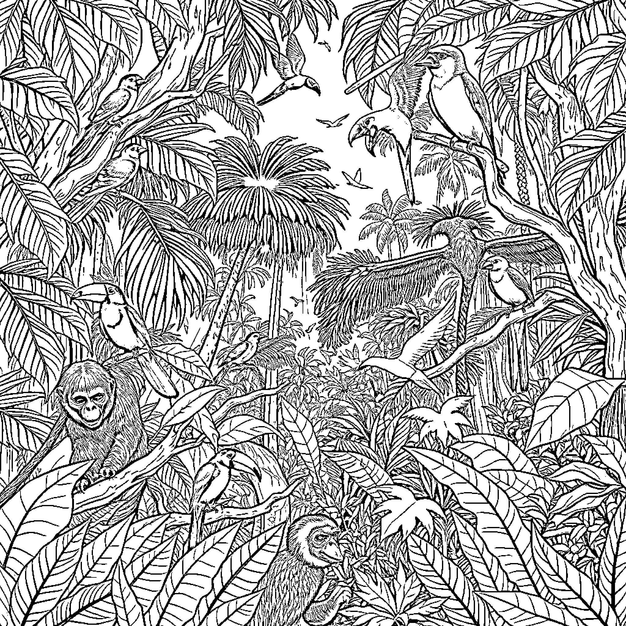 Amazon Forest Wildlife Sanctuary Coloring Page (free black-and-white line drawing printable PDF for all, from beginners to advanced learners, including children, teens, adults, and seniors)