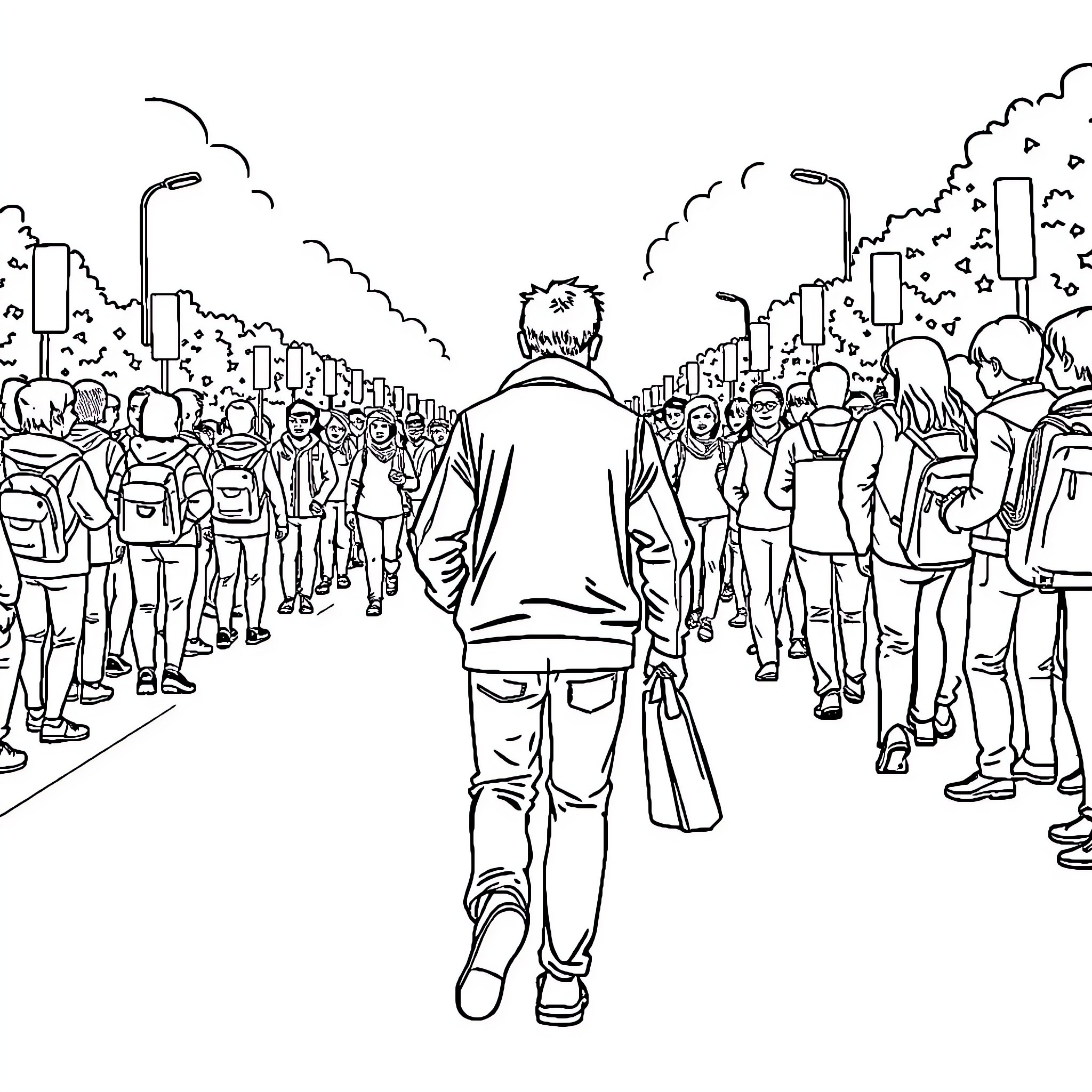 Human walking through a crowded city street Coloring Page (free black-and-white line drawing printable PDF for all, from beginners to advanced learners, including children, teens, adults, and seniors)