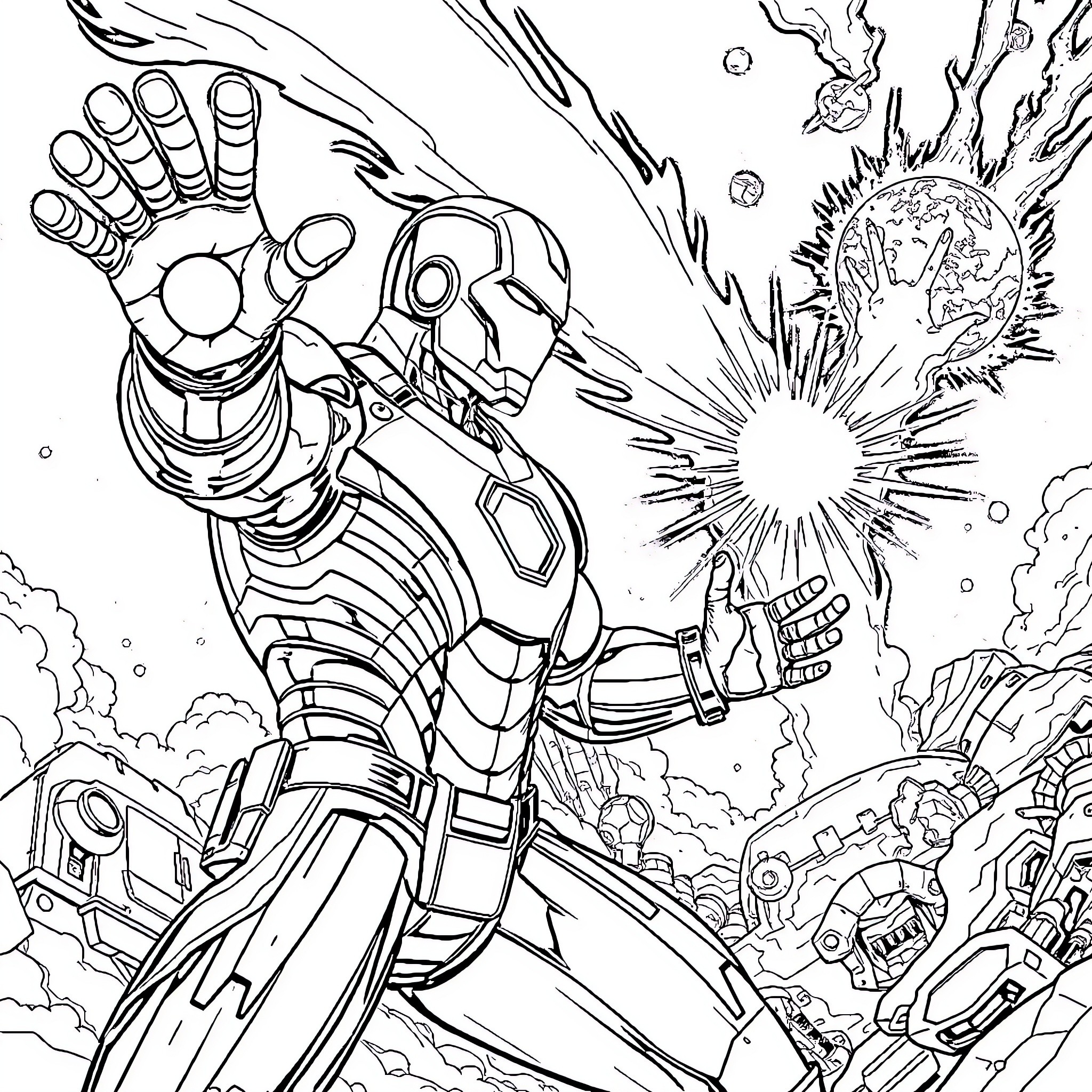 Ironman battling in an intense cosmic clash Coloring Page (free black-and-white line drawing printable PDF for all, from beginners to advanced learners, including children, teens, adults, and seniors)