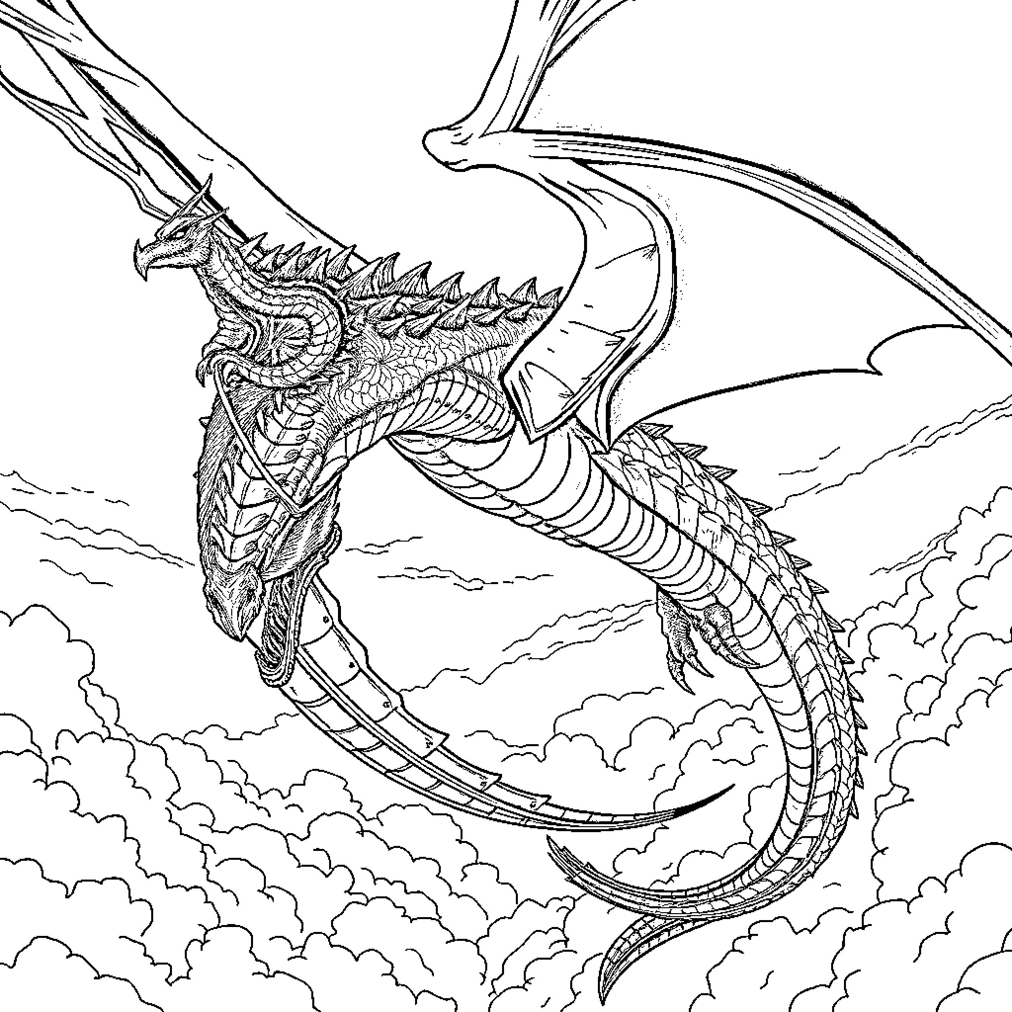 Drogon the dragon soaring through the clouds Coloring Page (free black-and-white line drawing printable PDF for all, from beginners to advanced learners, including children, teens, adults, and seniors)