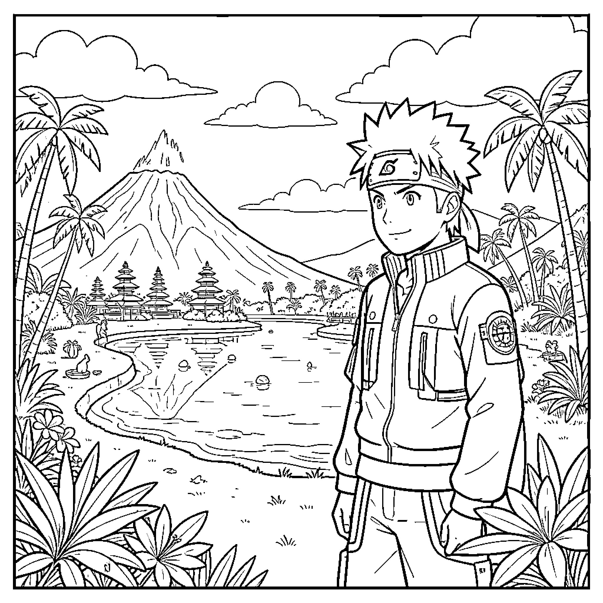 Naruto adventures in the tropical landscape Coloring Page (free black-and-white line drawing printable PDF for all, from beginners to advanced learners, including children, teens, adults, and seniors)