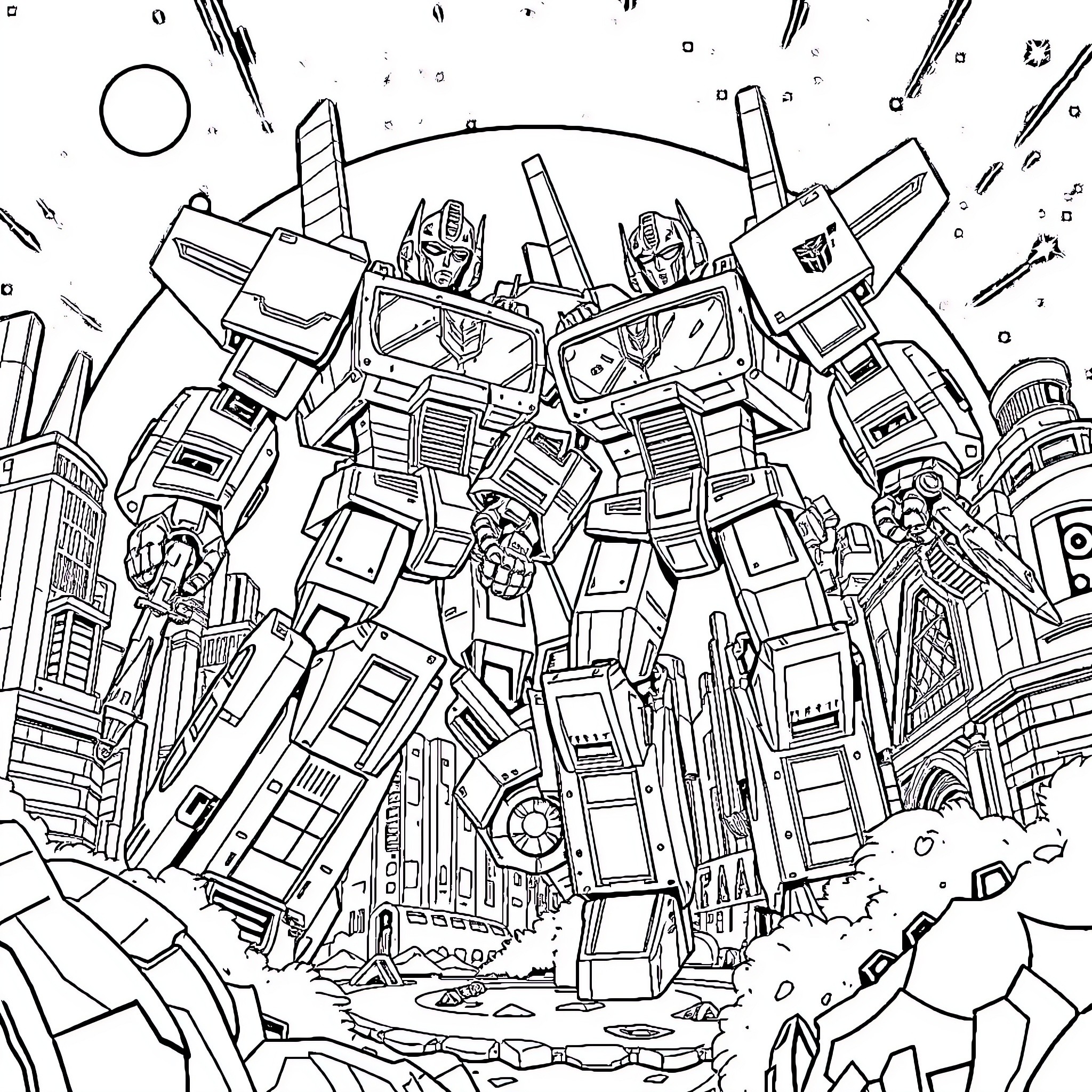 Transformer robots in epic battle scene Coloring Page (free black-and-white line drawing printable PDF for all, from beginners to advanced learners, including children, teens, adults, and seniors)