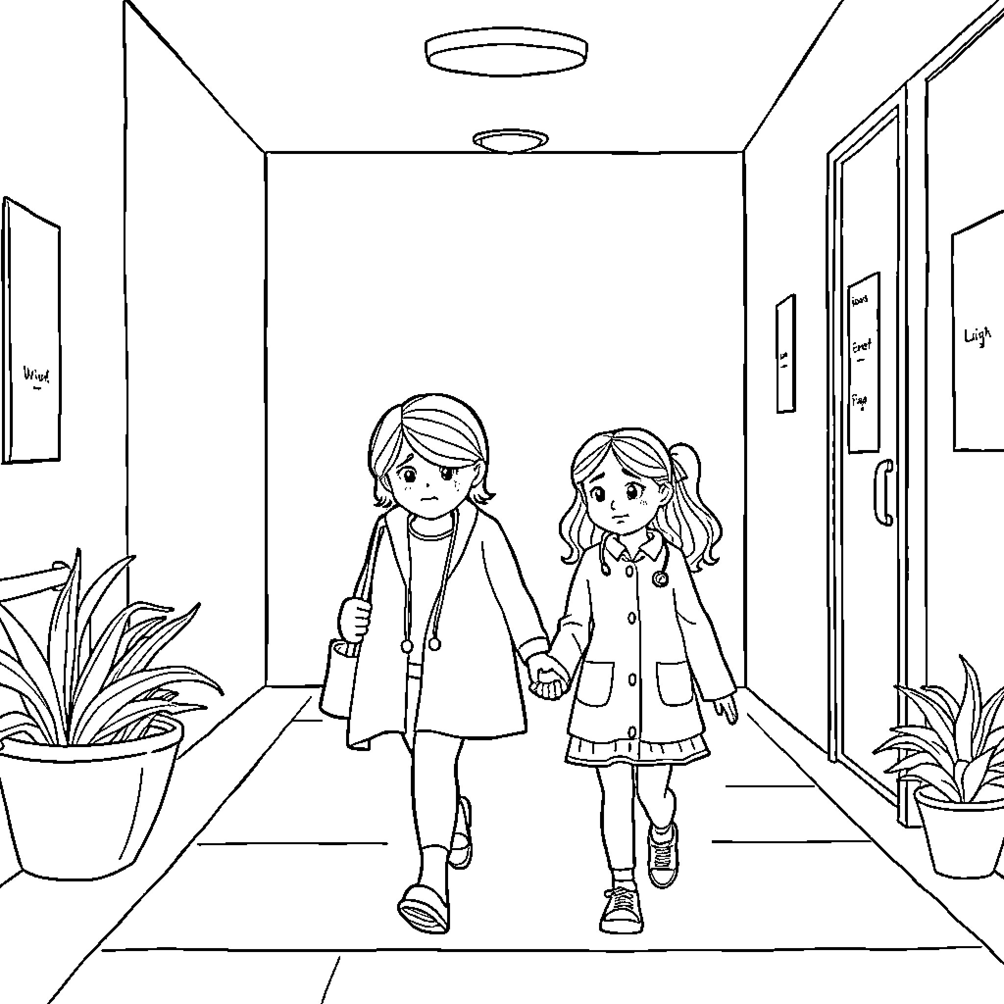 Mom and daughter walking in the hallway Coloring Page (free black-and-white line drawing printable PDF for all, from beginners to advanced learners, including children, teens, adults, and seniors)