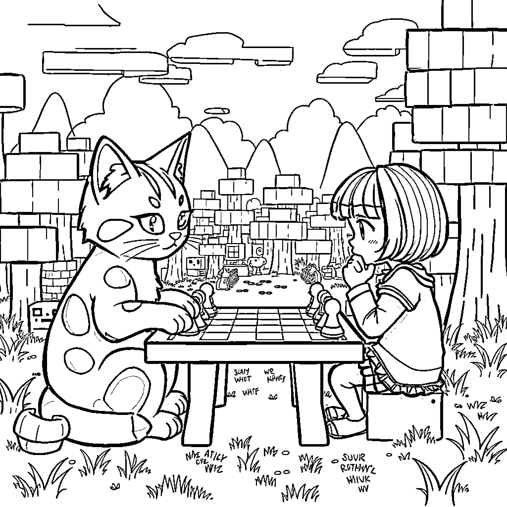Bisty Cat and Child Playing Chess in the Park Coloring Page (free black-and-white line drawing printable PDF for all, from beginners to advanced learners, including children, teens, adults, and seniors)