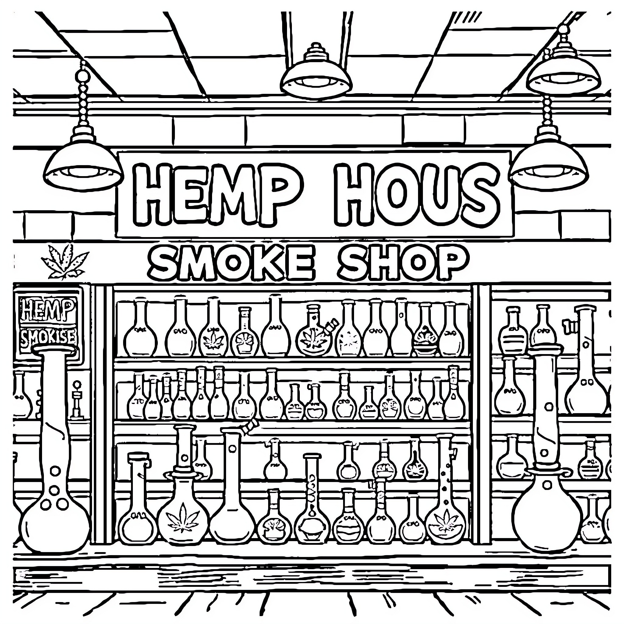 Smoke Shop with Variety of Hemp and Smoking Accessories Coloring Page (free black-and-white line drawing printable PDF for all, from beginners to advanced learners, including children, teens, adults, and seniors)