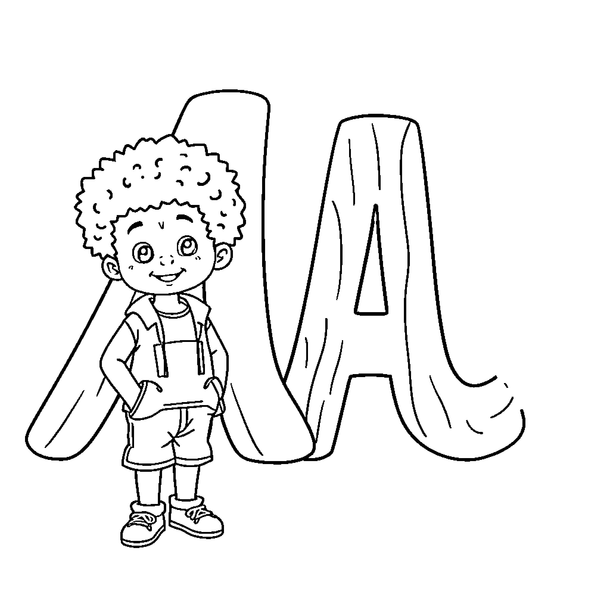 Toddler playing with giant letter Coloring Page (free black-and-white line drawing printable PDF for all, from beginners to advanced learners, including children, teens, adults, and seniors)
