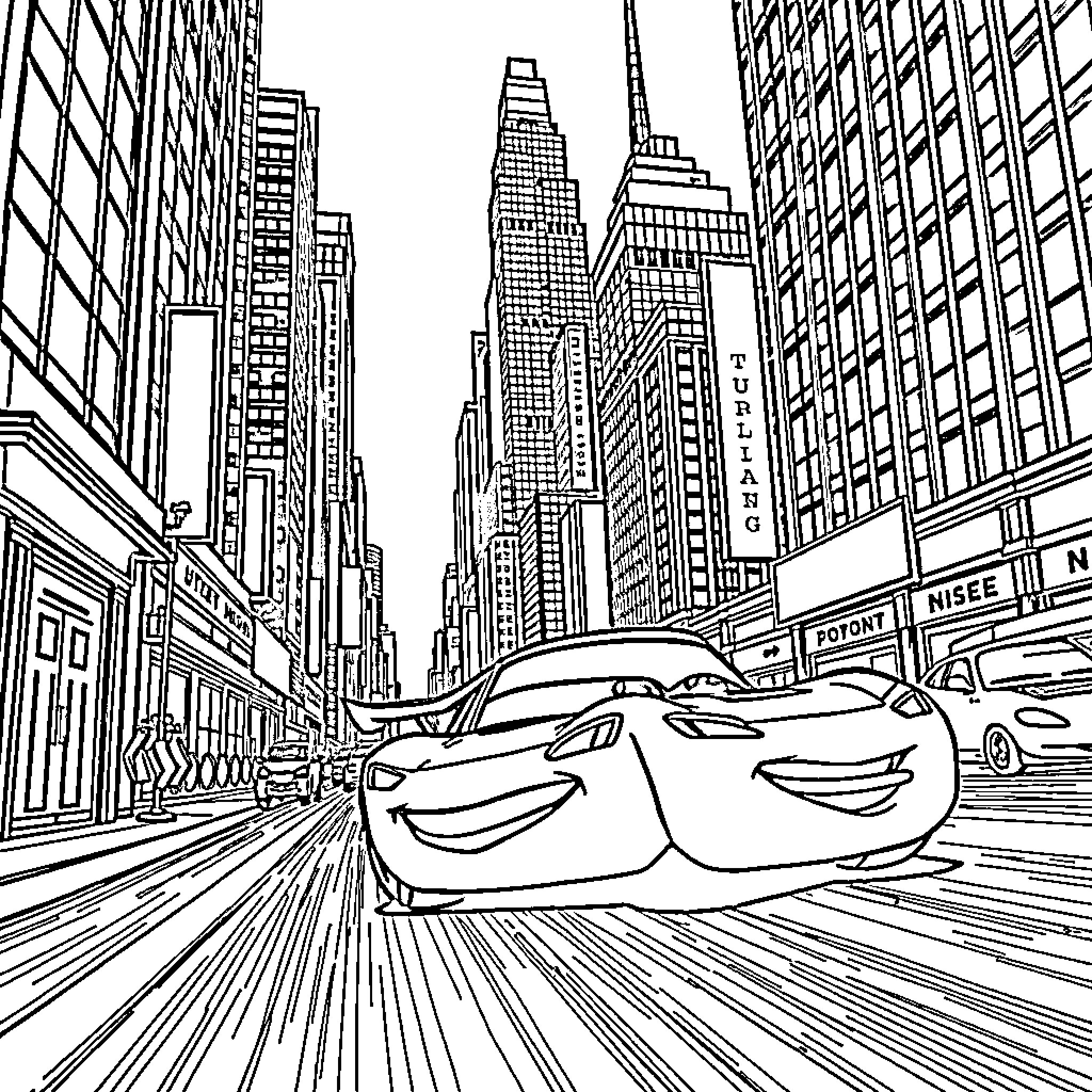 Lightning McQueen's High-Speed City Adventure Coloring Page (free black-and-white line drawing printable PDF for all, from beginners to advanced learners, including children, teens, adults, and seniors)