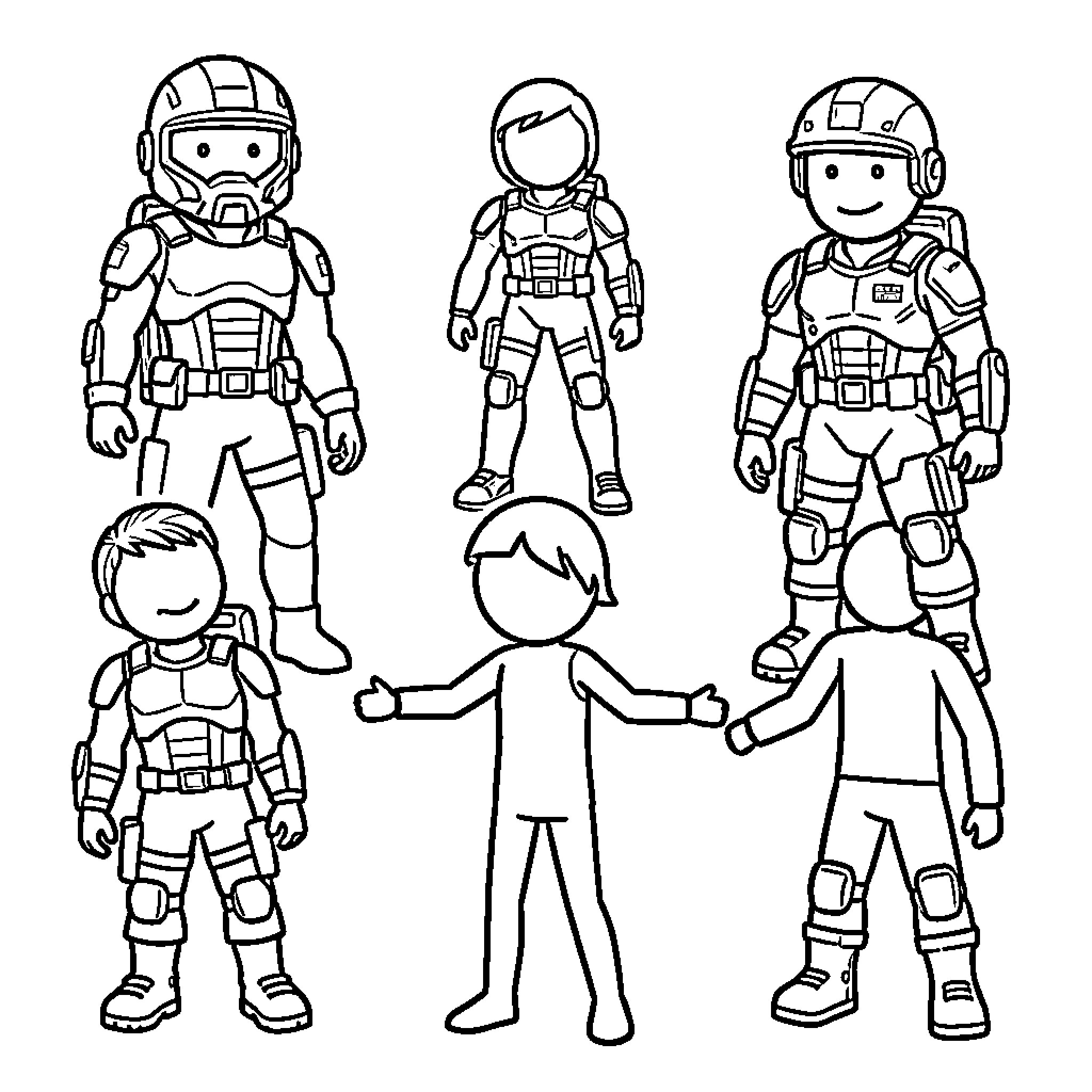 Stickman Space Explorers in Futuristic Gear Coloring Page (free black-and-white line drawing printable PDF for all, from beginners to advanced learners, including children, teens, adults, and seniors)