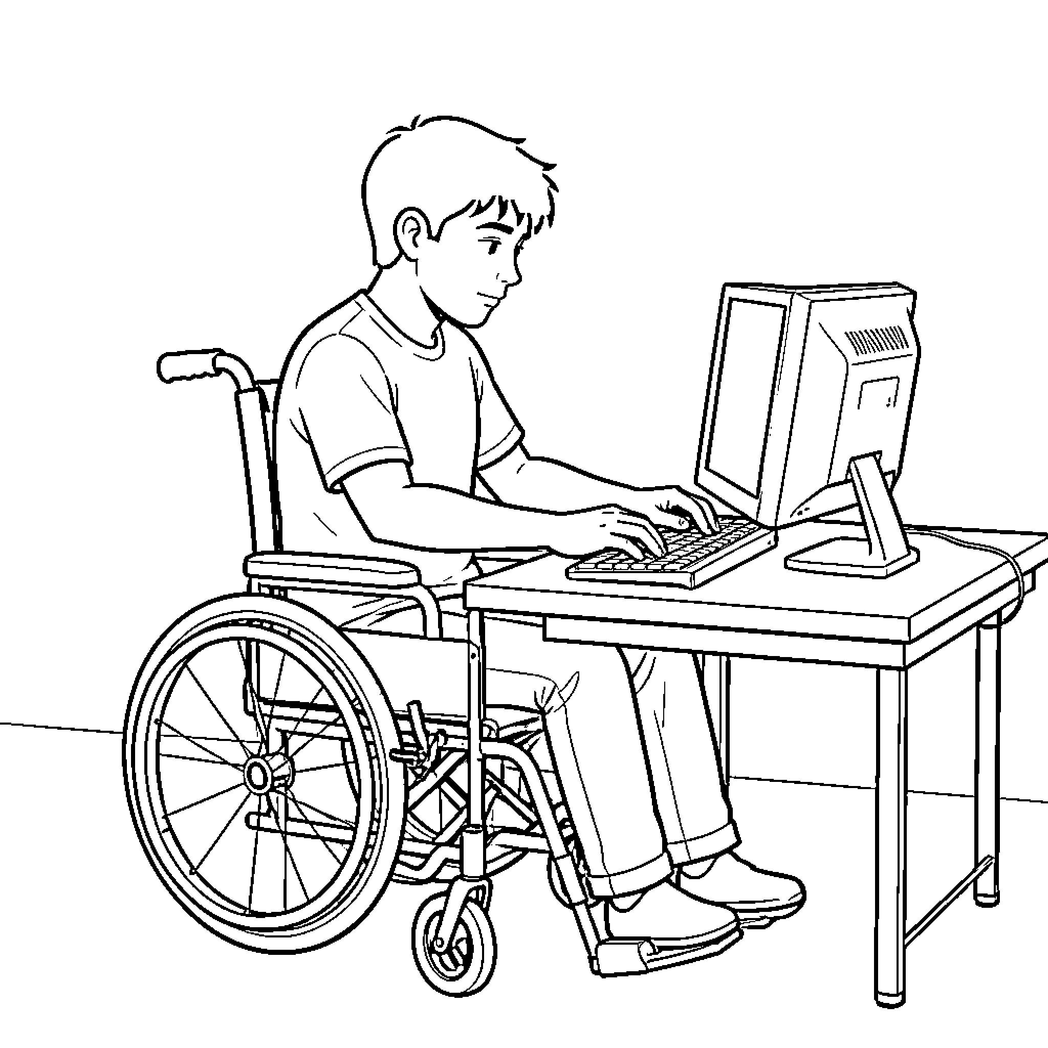 Joven using a computer while sitting in a wheelchair Coloring Page (free black-and-white line drawing printable PDF for all, from beginners to advanced learners, including children, teens, adults, and seniors)