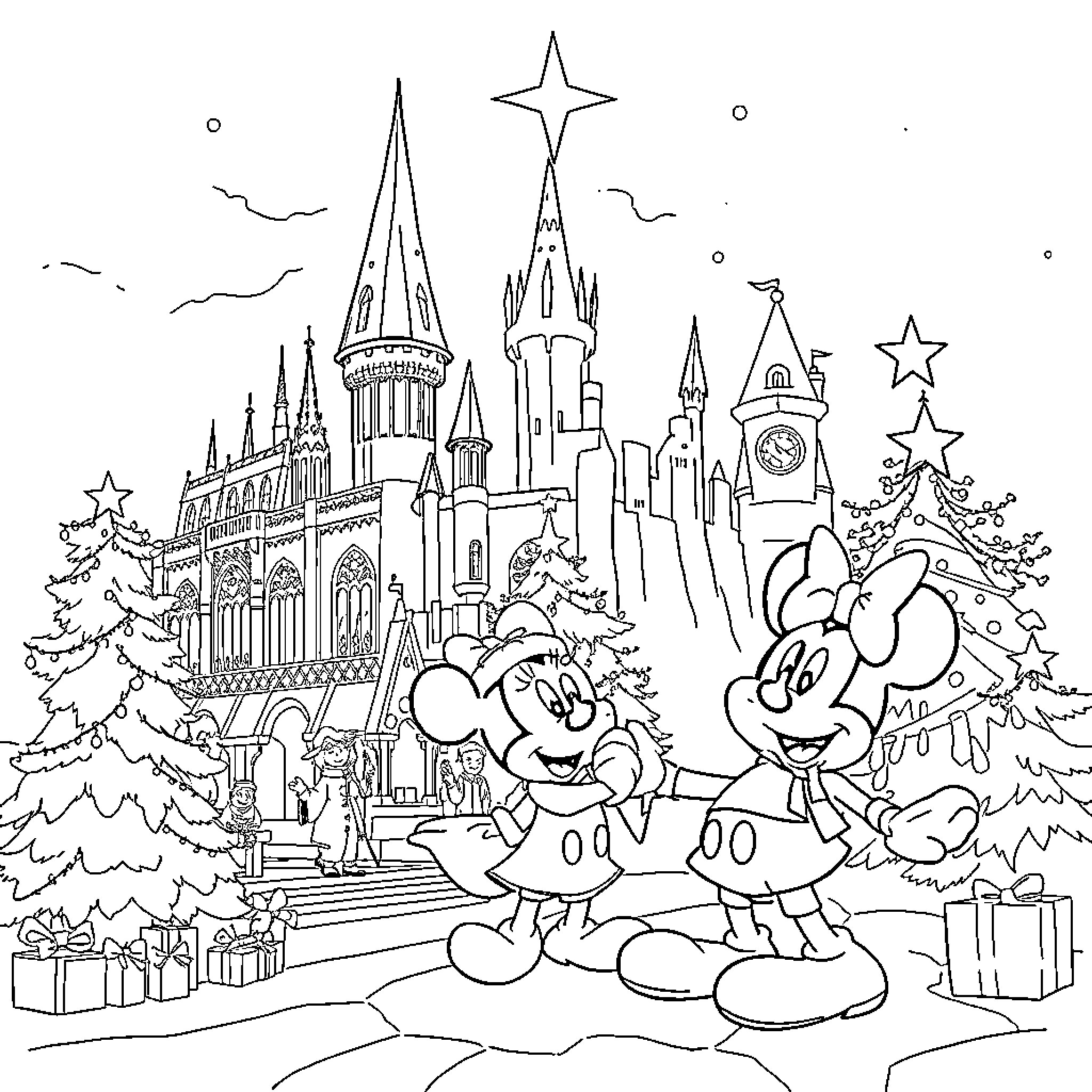 Navidad celebration at the enchanted castle Coloring Page (free black-and-white line drawing printable PDF for all, from beginners to advanced learners, including children, teens, adults, and seniors)