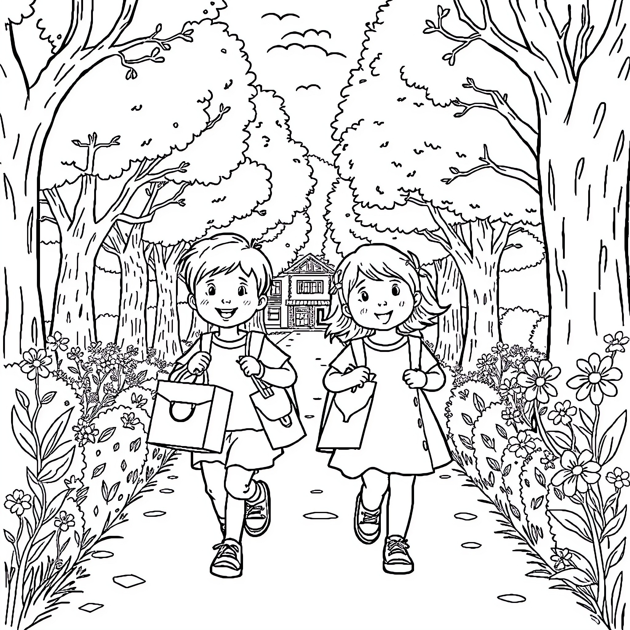 Child walking happily on a path in the forest Coloring Page (free black-and-white line drawing printable PDF for all, from beginners to advanced learners, including children, teens, adults, and seniors)