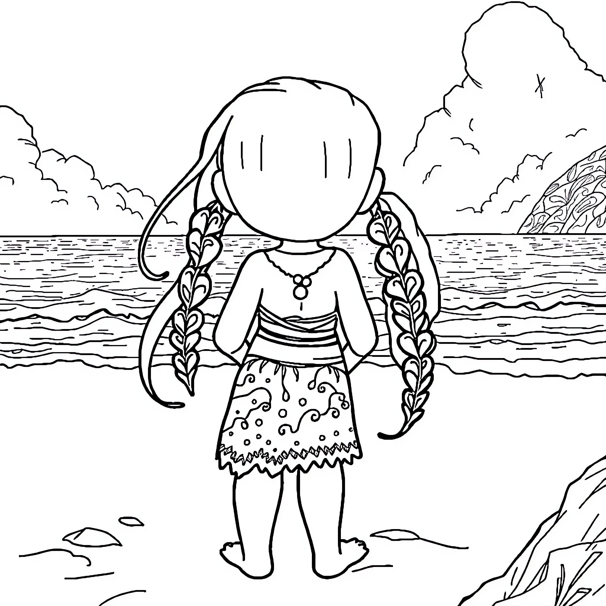 Moana exploring the enchanting seascape Coloring Page (free black-and-white line drawing printable PDF for all, from beginners to advanced learners, including children, teens, adults, and seniors)