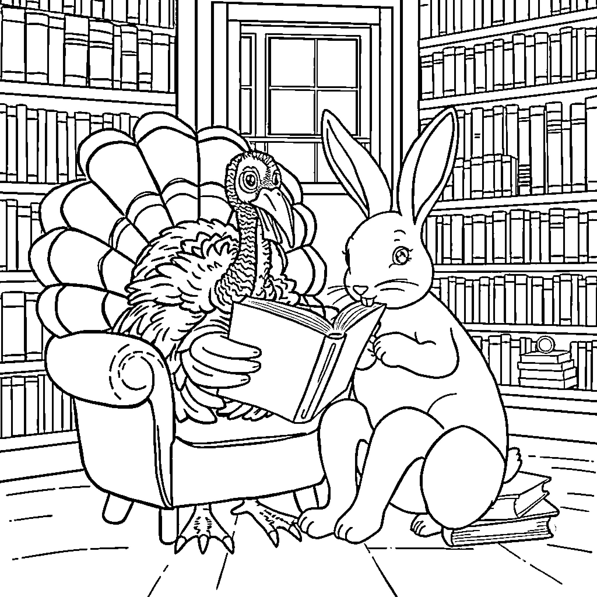 Turkey enjoying reading together with a rabbit Coloring Page (free black-and-white line drawing printable PDF for all, from beginners to advanced learners, including children, teens, adults, and seniors)