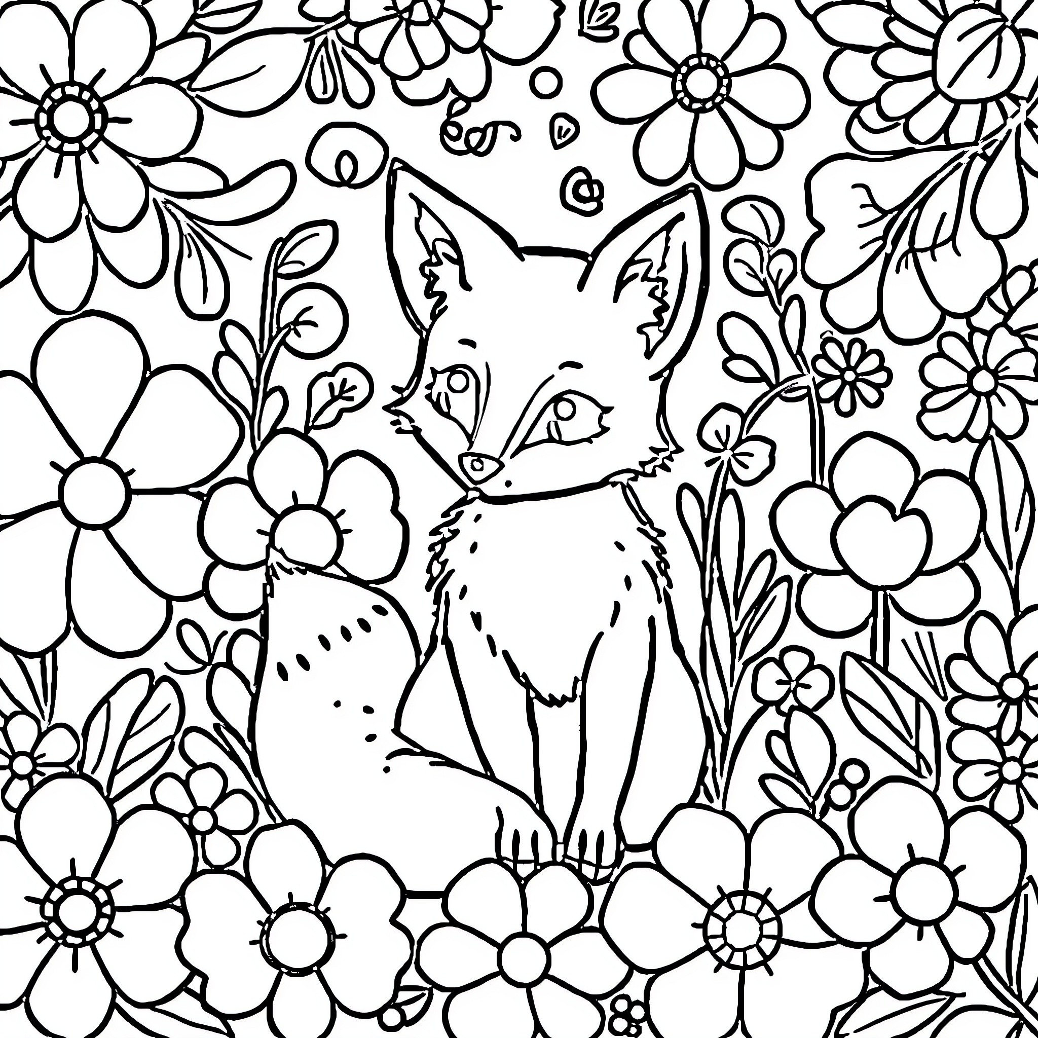 Fox amidst floral elements Coloring Page (free black-and-white line drawing printable PDF for all, from beginners to advanced learners, including children, teens, adults, and seniors)