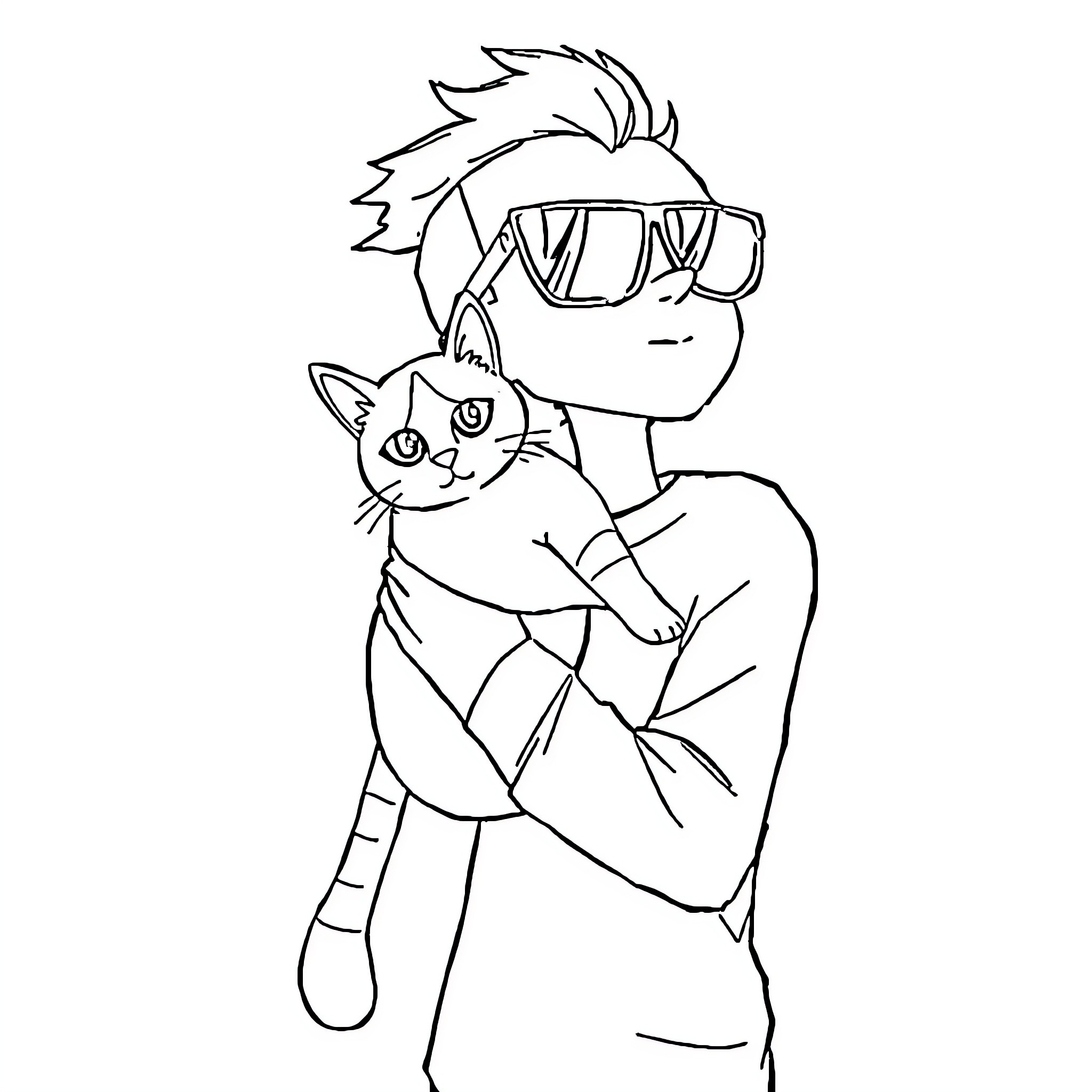 Zero Holding Cute Cat in Goggles Coloring Page (free black-and-white line drawing printable PDF for all, from beginners to advanced learners, including children, teens, adults, and seniors)