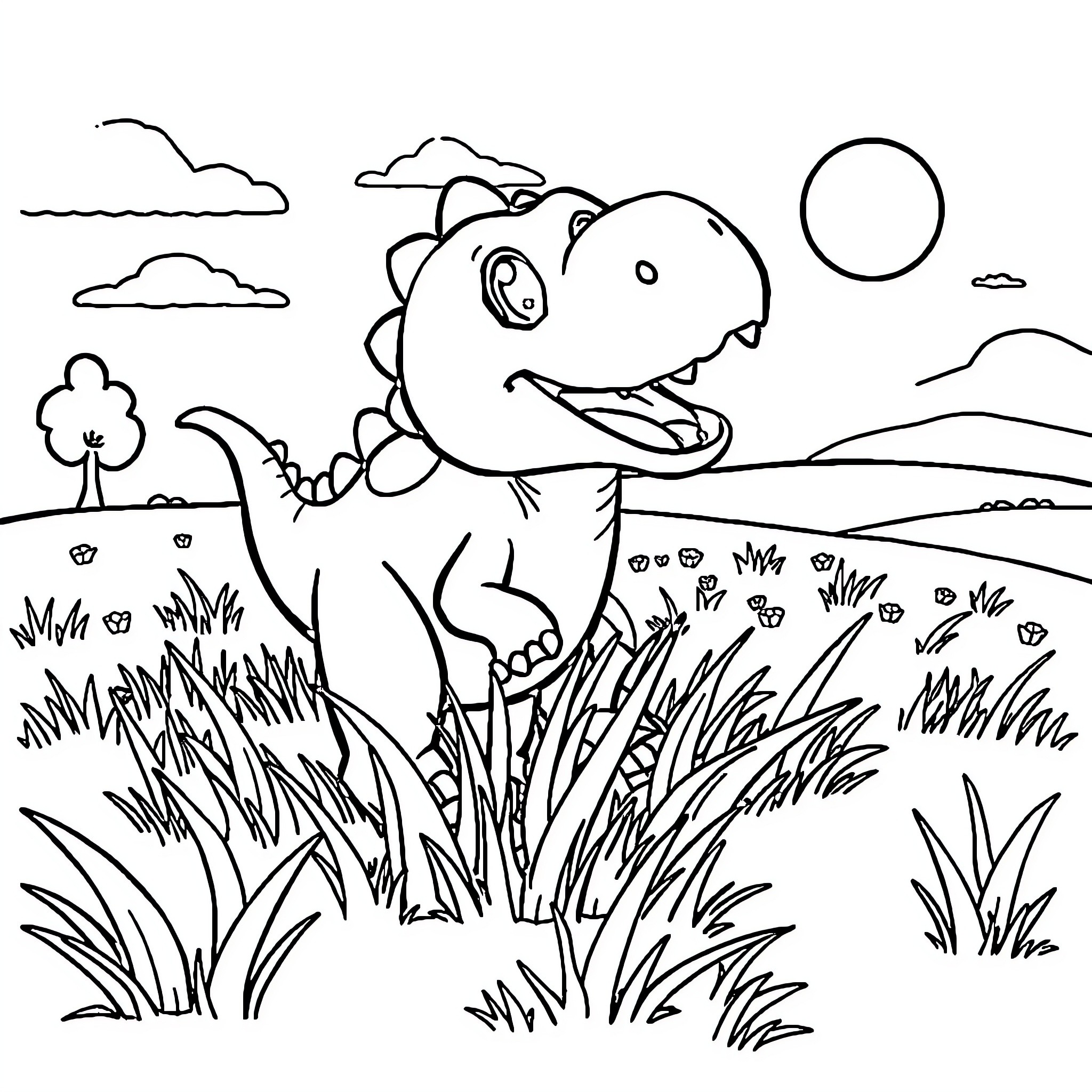 Dinosaur exploring the lush meadow Coloring Page (free black-and-white line drawing printable PDF for all, from beginners to advanced learners, including children, teens, adults, and seniors)