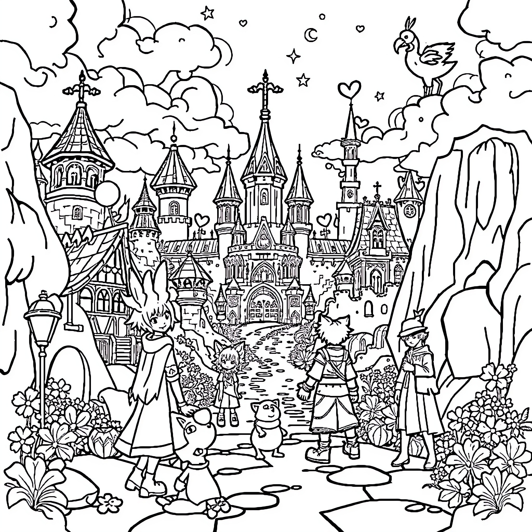 Kingdom Hearts: Magical Kingdom with Fantastical Characters Coloring Page (free black-and-white line drawing printable PDF for all, from beginners to advanced learners, including children, teens, adults, and seniors)