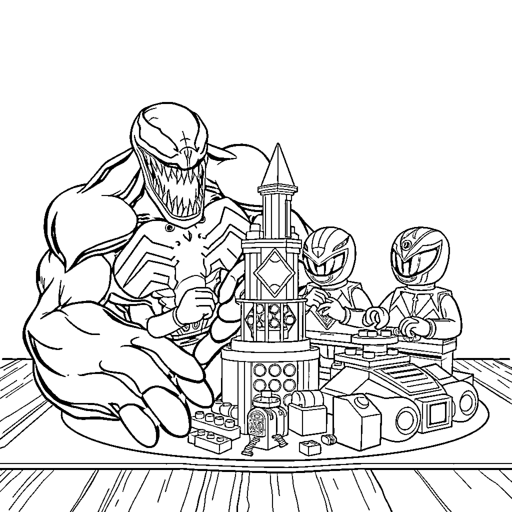 Venom Confronts Villainous Adversaries in Lego Structure Coloring Page (free black-and-white line drawing printable PDF for all, from beginners to advanced learners, including children, teens, adults, and seniors)