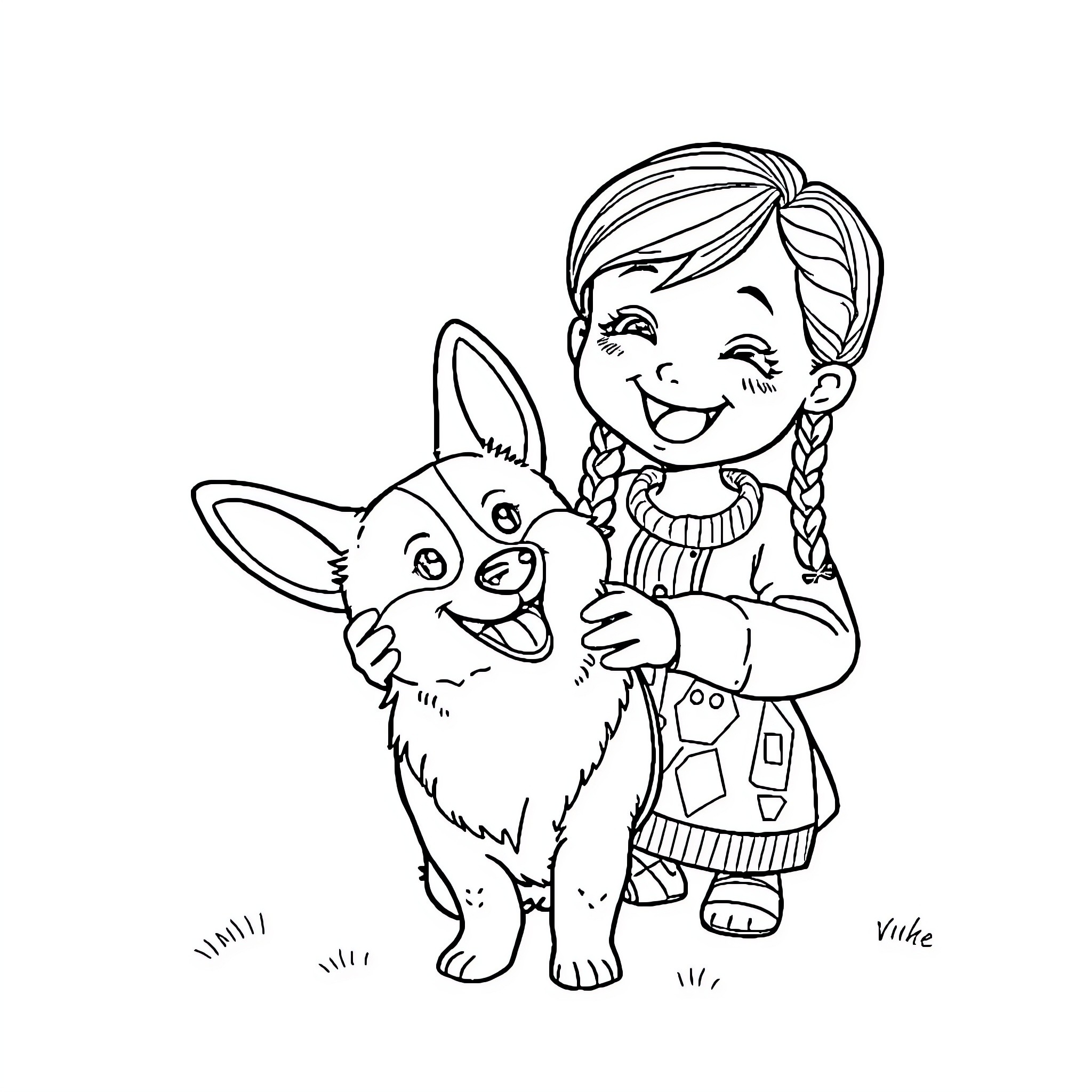 Girl hugging a happy puppy Coloring Page (free black-and-white line drawing printable PDF for all, from beginners to advanced learners, including children, teens, adults, and seniors)