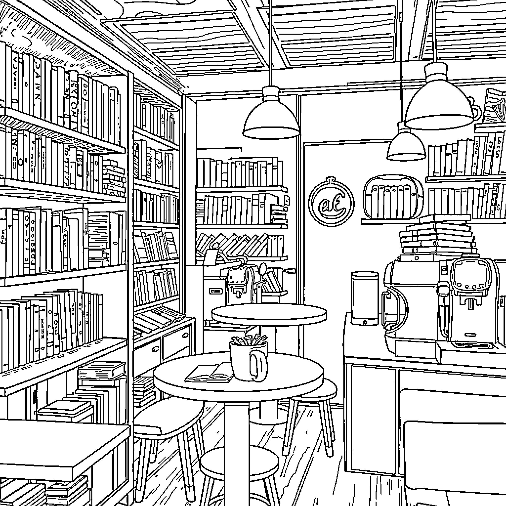 Cafe with Cozy Bookshelf and Study Nook Coloring Page (free black-and-white line drawing printable PDF for all, from beginners to advanced learners, including children, teens, adults, and seniors)