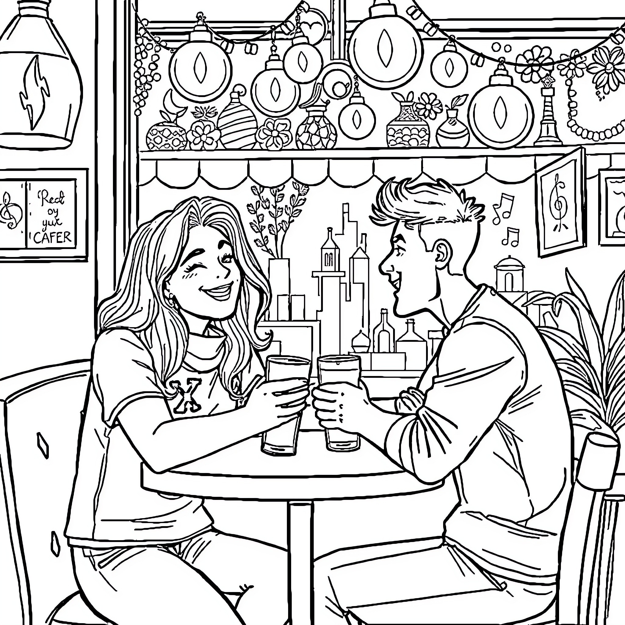 Date Night at the Cafe Coloring Page (free black-and-white line drawing printable PDF for all, from beginners to advanced learners, including children, teens, adults, and seniors)
