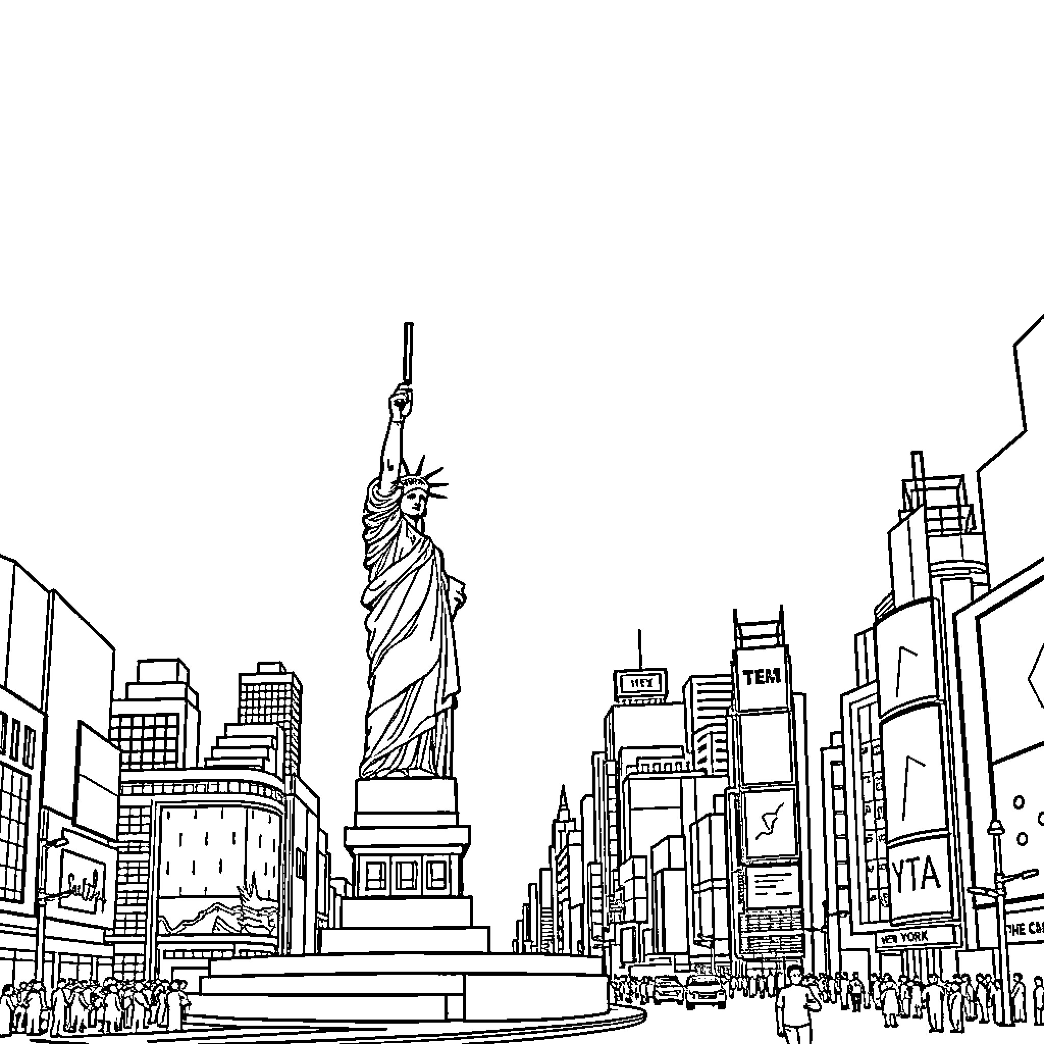 Landmark view of urban city skyline Coloring Page (free black-and-white line drawing printable PDF for all, from beginners to advanced learners, including children, teens, adults, and seniors)