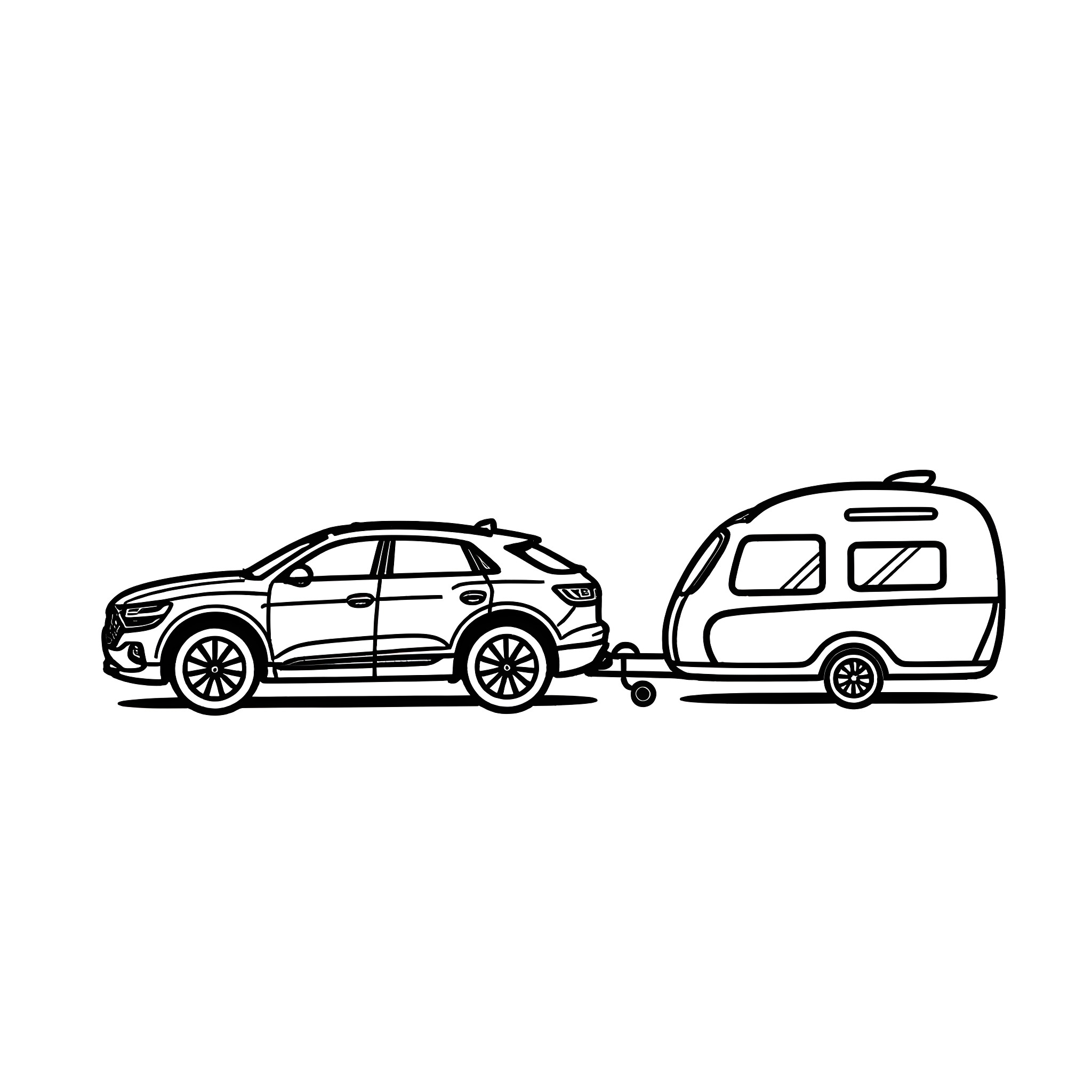 Audi SUV towing camping trailer on the road Coloring Page (free black-and-white line drawing printable PDF for all, from beginners to advanced learners, including children, teens, adults, and seniors)