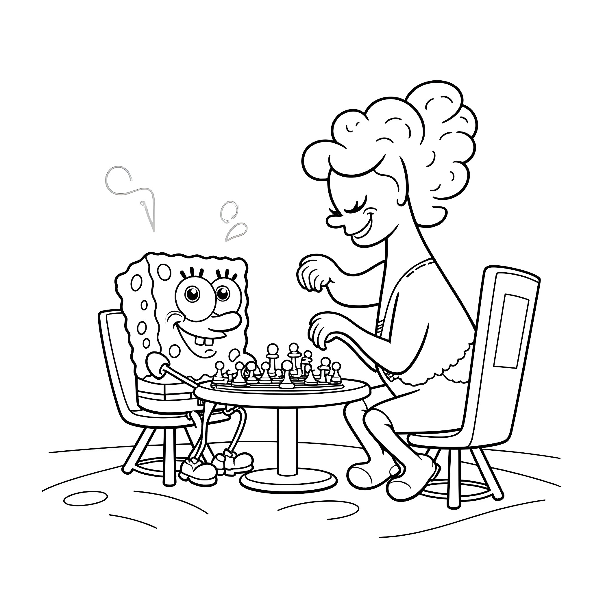 Spongebob playing chess with a friend Coloring Page (free black-and-white line drawing printable PDF for all, from beginners to advanced learners, including children, teens, adults, and seniors)