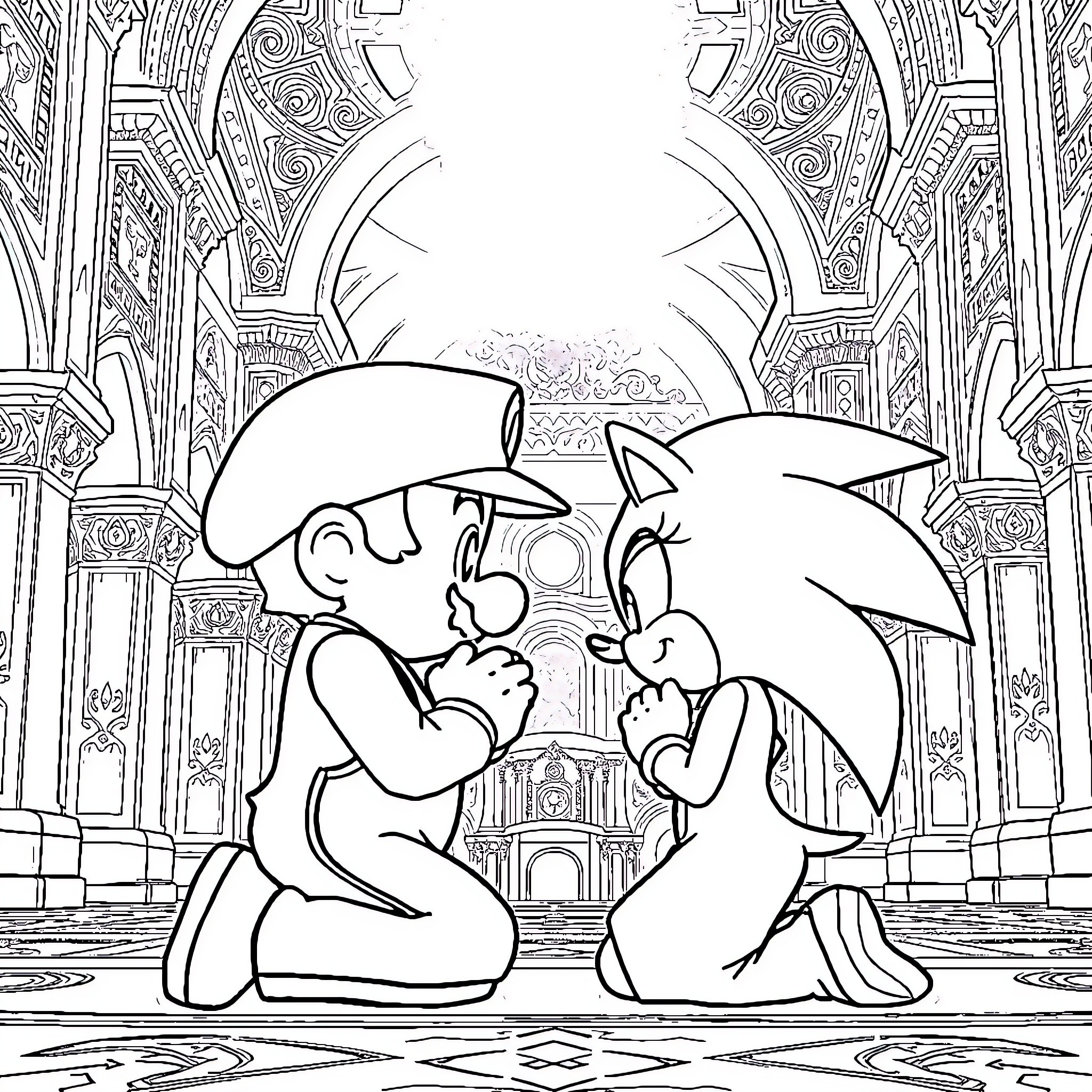 Mario and Sonic in a Magical Palace Coloring Page (free black-and-white line drawing printable PDF for all, from beginners to advanced learners, including children, teens, adults, and seniors)