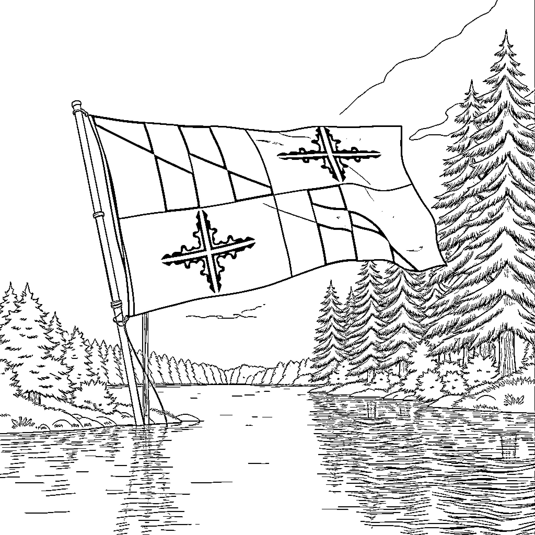 Maryland Flag waving in the forest landscape Coloring Page (free black-and-white line drawing printable PDF for all, from beginners to advanced learners, including children, teens, adults, and seniors)