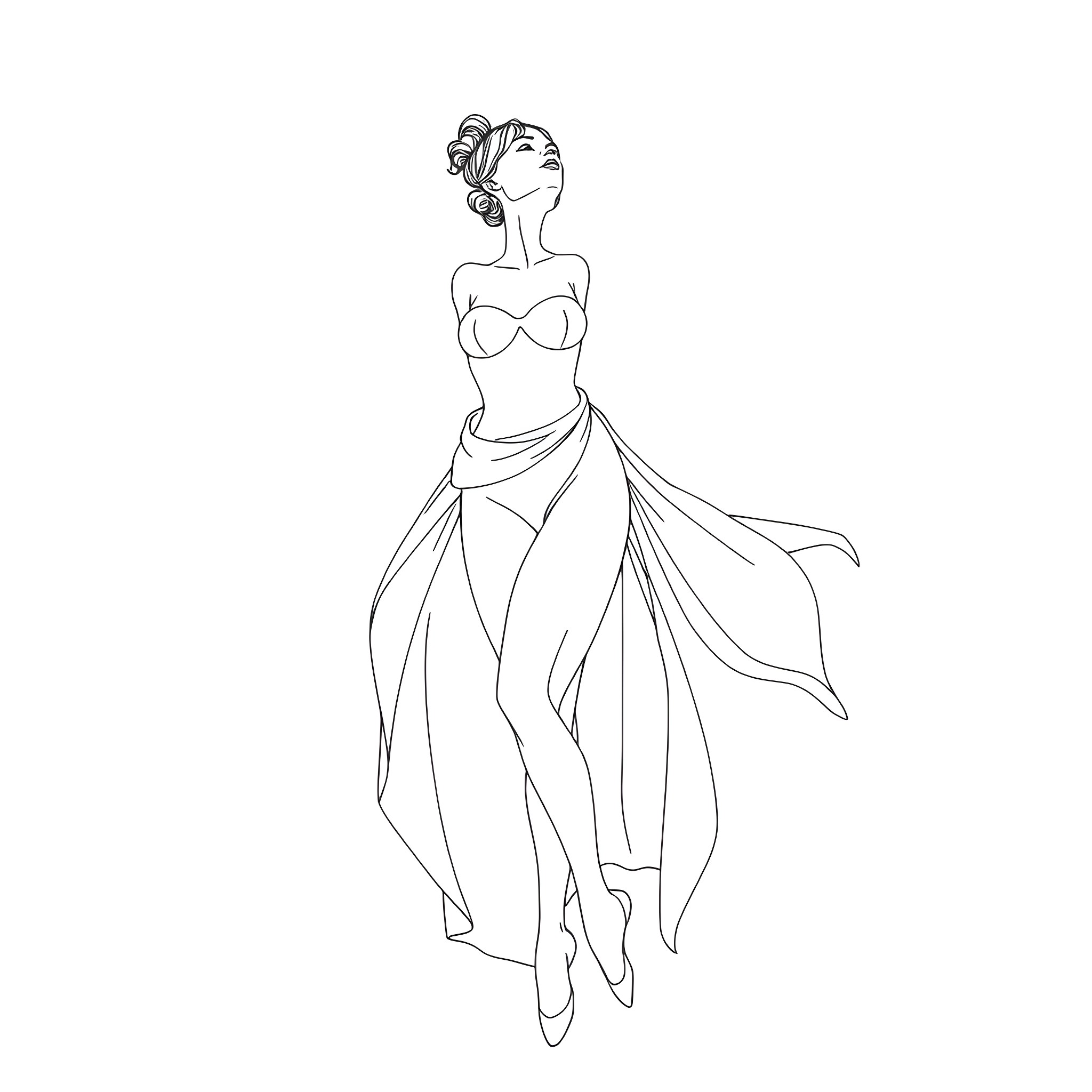 Lady in Flowing Elegant Gown Coloring Page (free black-and-white line drawing printable PDF for all, from beginners to advanced learners, including children, teens, adults, and seniors)