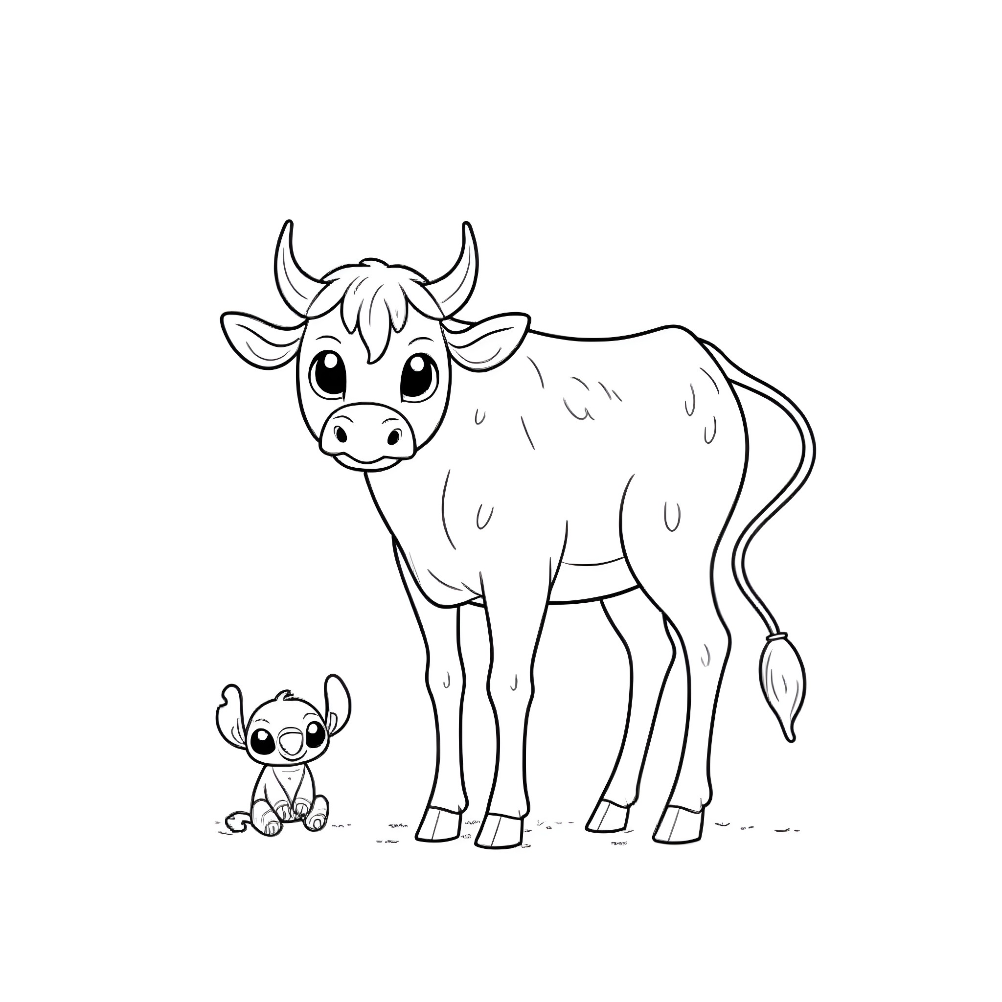 Vaca and Stitch enjoying the outdoors Coloring Page (free black-and-white line drawing printable PDF for all, from beginners to advanced learners, including children, teens, adults, and seniors)