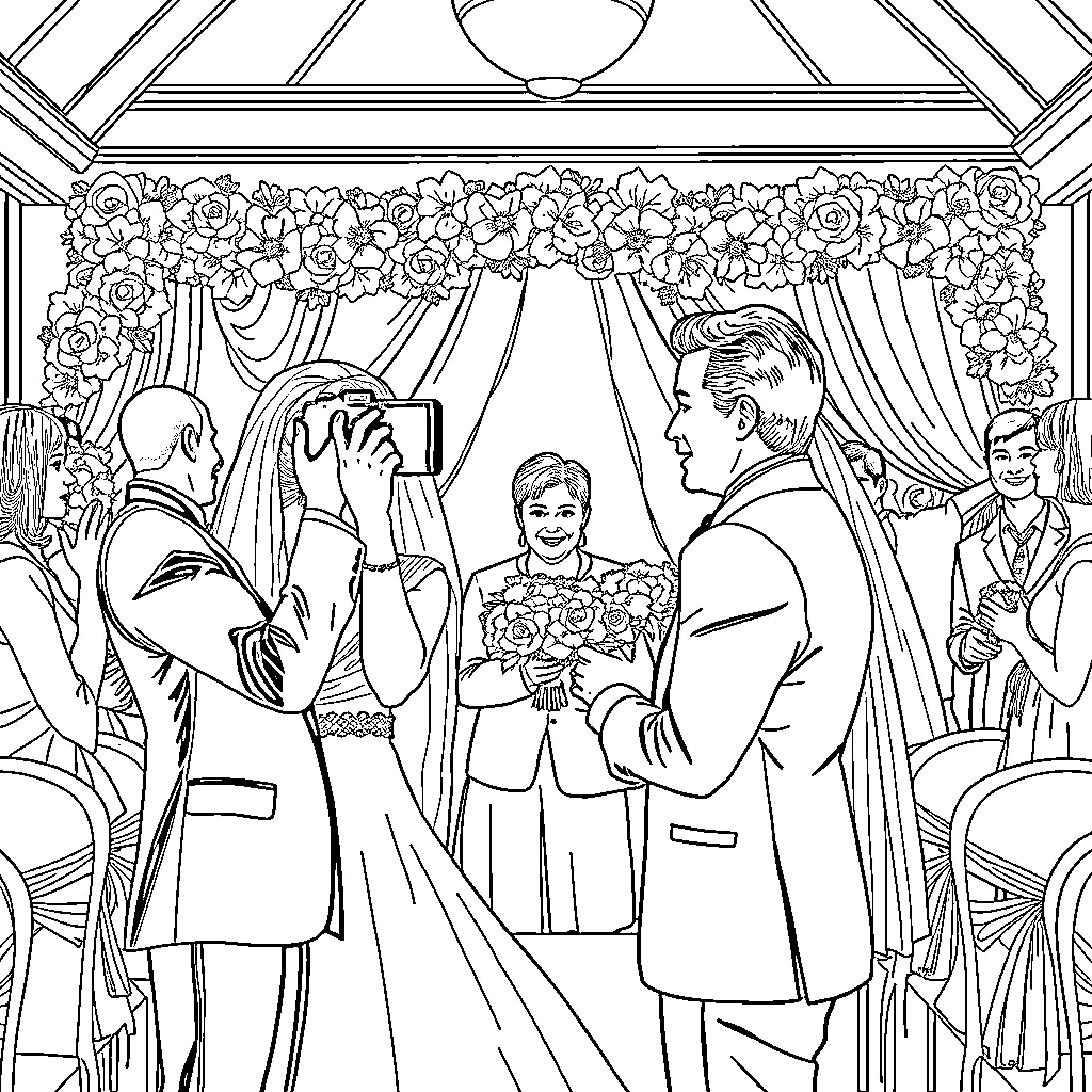Photographer captures wedding ceremony with bride and groom Coloring Page (free black-and-white line drawing printable PDF for all, from beginners to advanced learners, including children, teens, adults, and seniors)