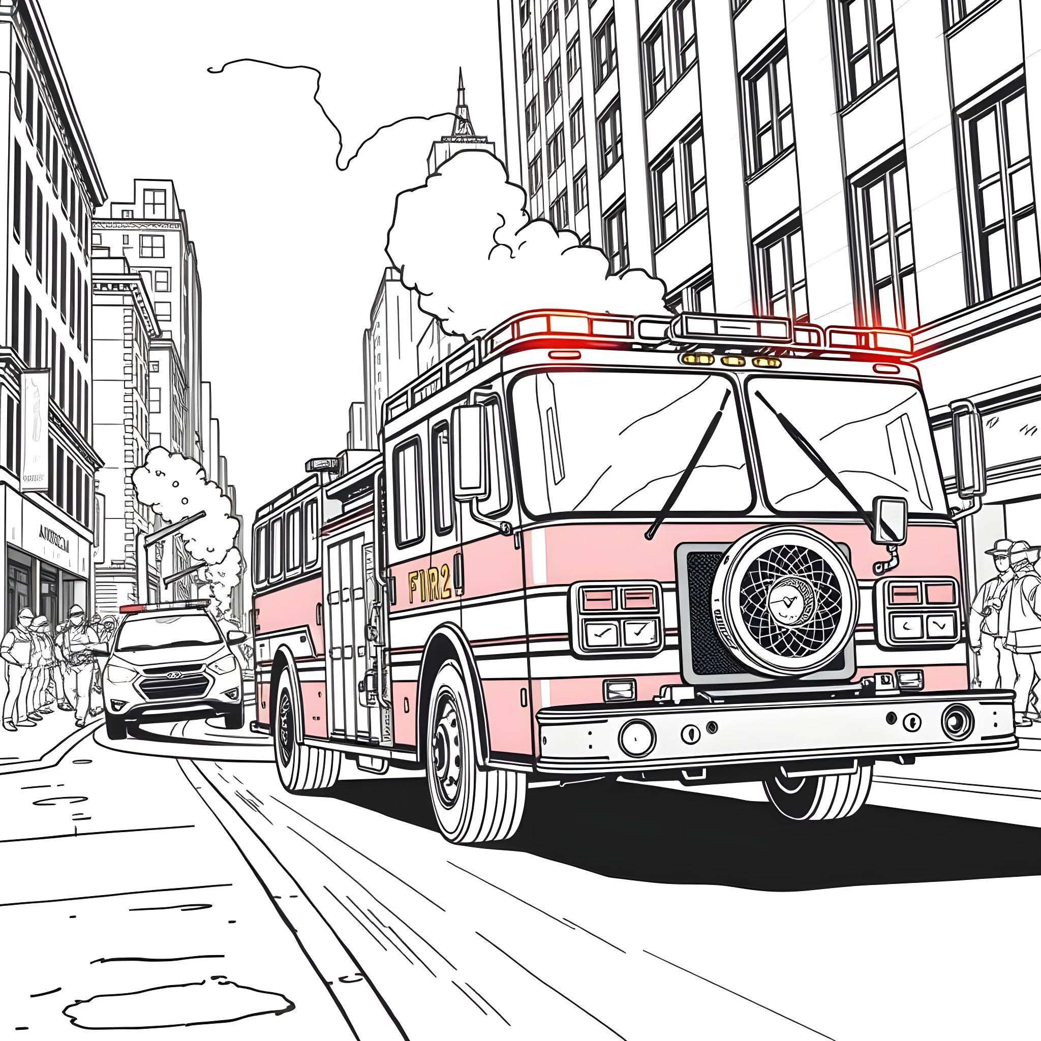 Fire Engine Rushing Through Busy City Street Coloring Page (free black-and-white line drawing printable PDF for all, from beginners to advanced learners, including children, teens, adults, and seniors)