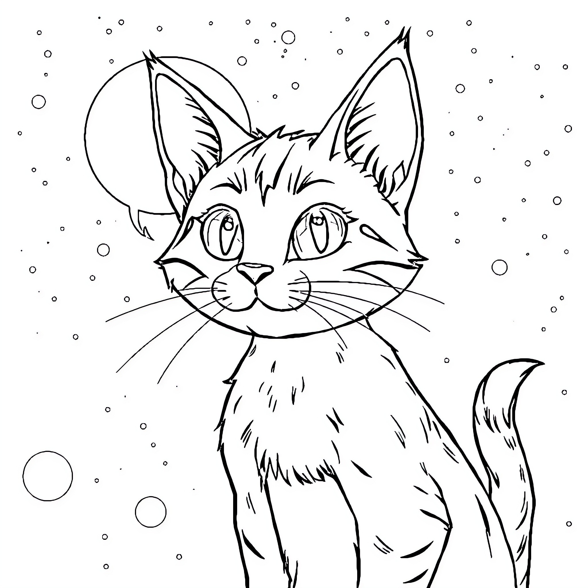 Cosmic Cat gazes into the starry night Coloring Page (free black-and-white line drawing printable PDF for all, from beginners to advanced learners, including children, teens, adults, and seniors)