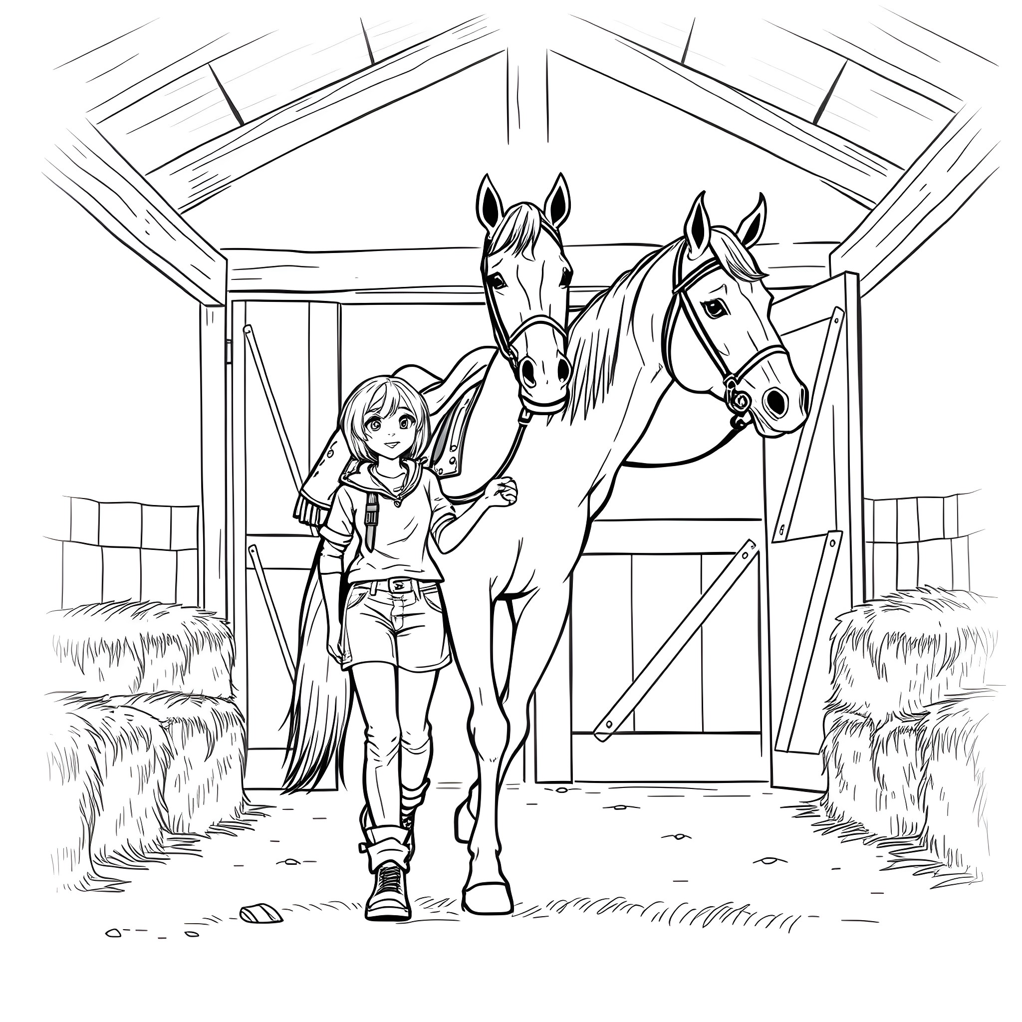 Horse and Rider in Stable with Bales Coloring Page (free black-and-white line drawing printable PDF for all, from beginners to advanced learners, including children, teens, adults, and seniors)