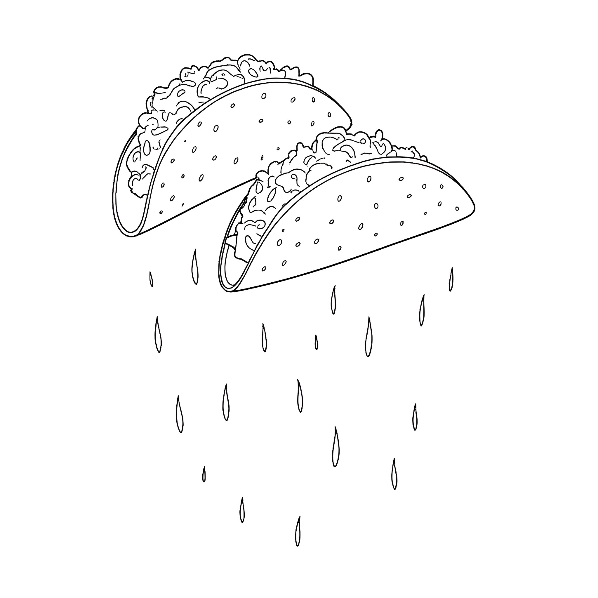 Taco rain on a rainy day Coloring Page (free black-and-white line drawing printable PDF for all, from beginners to advanced learners, including children, teens, adults, and seniors)