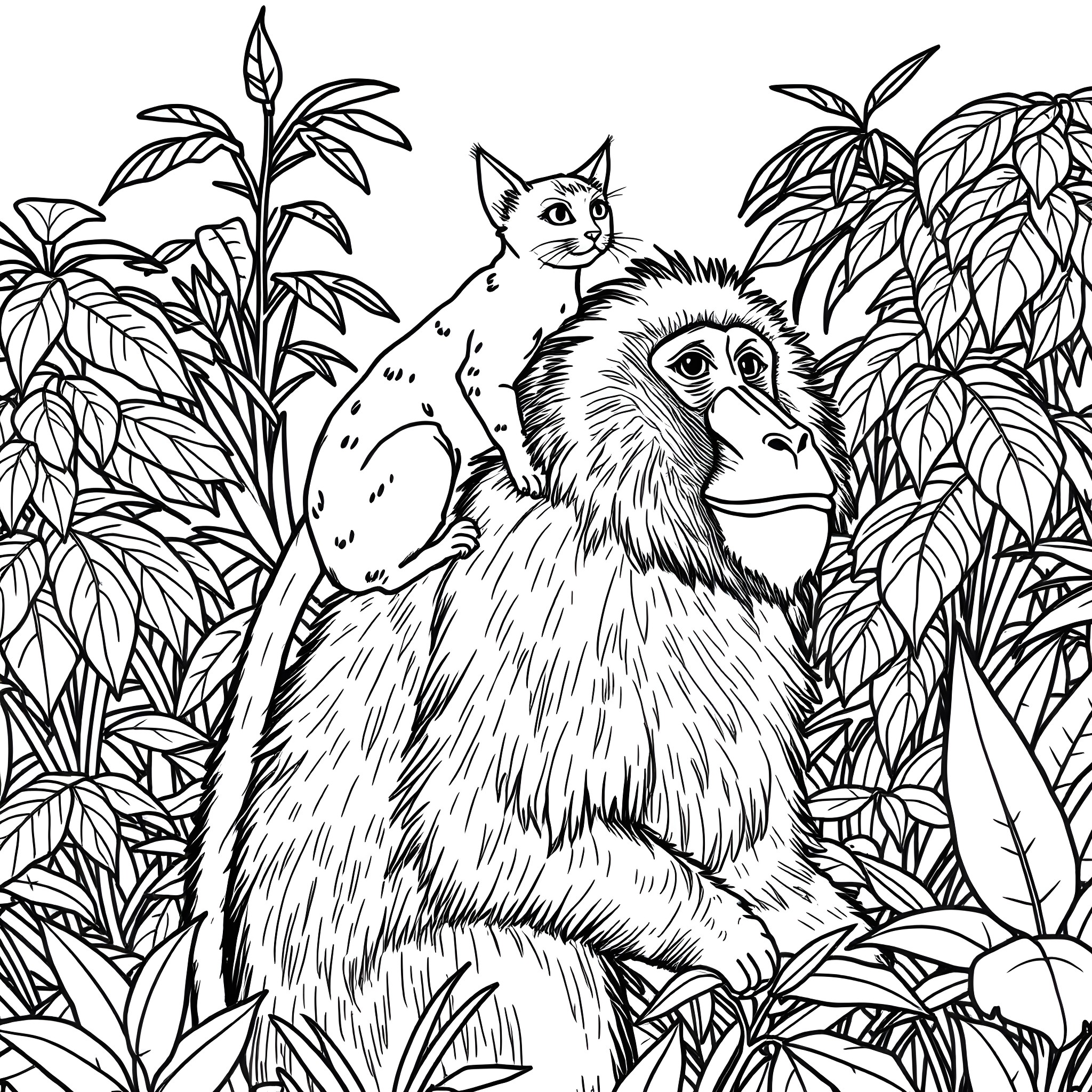 Cat and Monkey in Tropical Jungle Scene Coloring Page (free black-and-white line drawing printable PDF for all, from beginners to advanced learners, including children, teens, adults, and seniors)