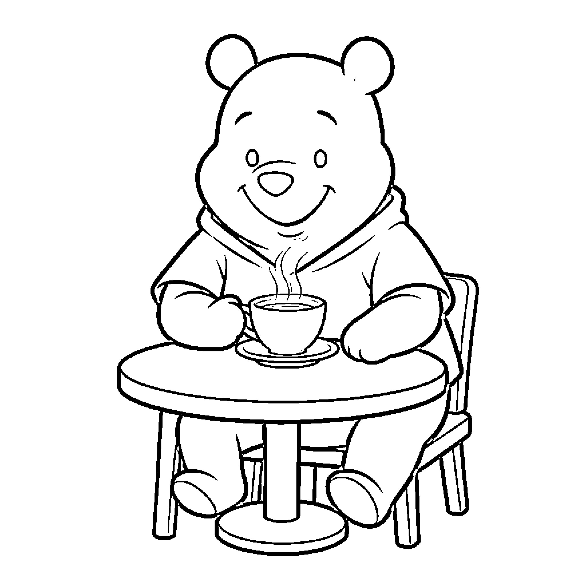 Winnie The Pooh enjoying a warm beverage Coloring Page (free black-and-white line drawing printable PDF for all, from beginners to advanced learners, including children, teens, adults, and seniors)