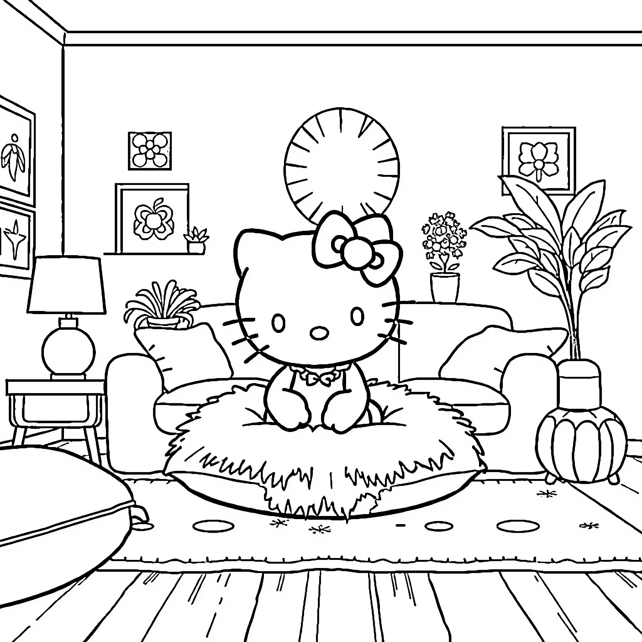 Hello Kitty Relaxing at Home Coloring Page (free black-and-white line drawing printable PDF for all, from beginners to advanced learners, including children, teens, adults, and seniors)