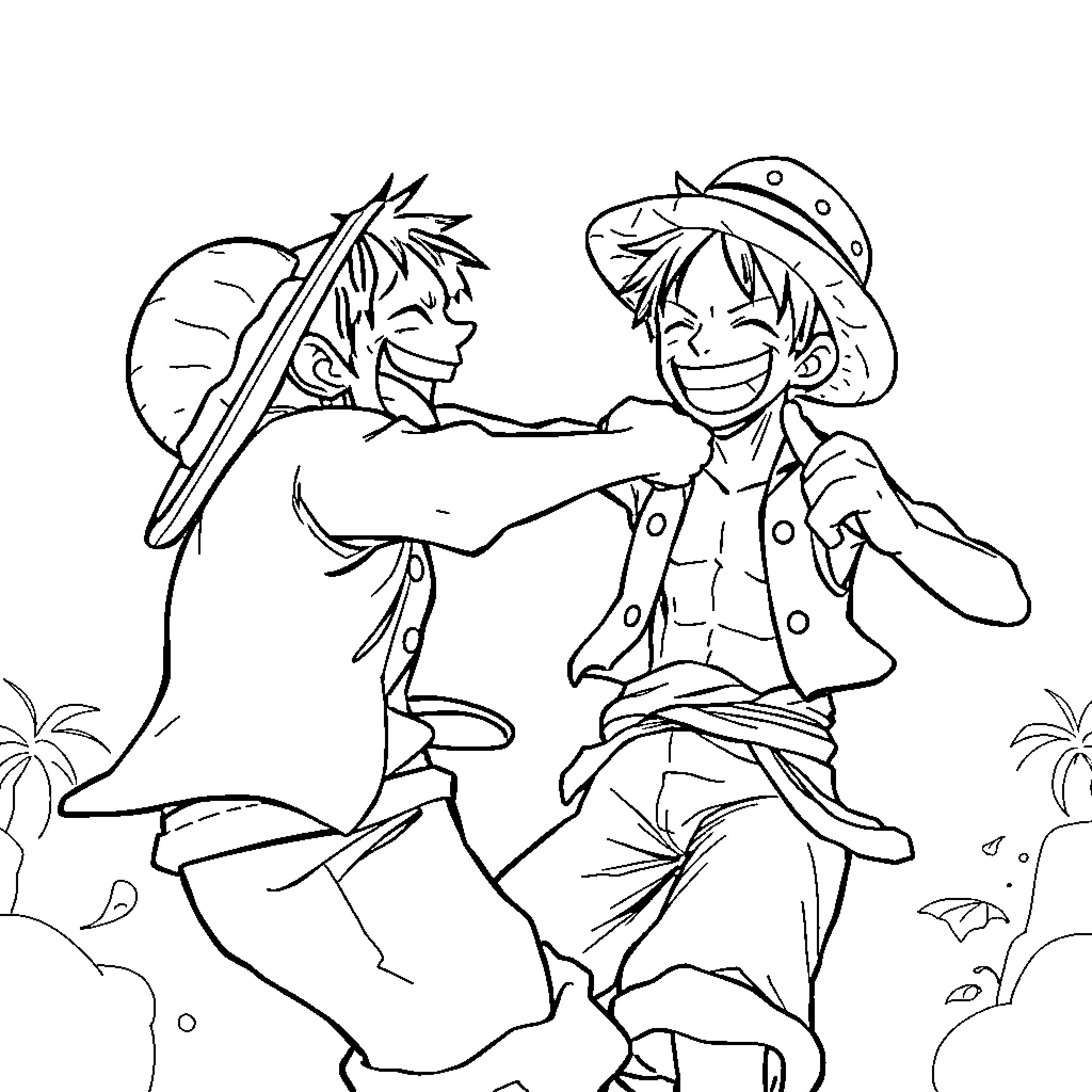 Monkey D Luffy's Lively Adventure Coloring Page (free black-and-white line drawing printable PDF for all, from beginners to advanced learners, including children, teens, adults, and seniors)