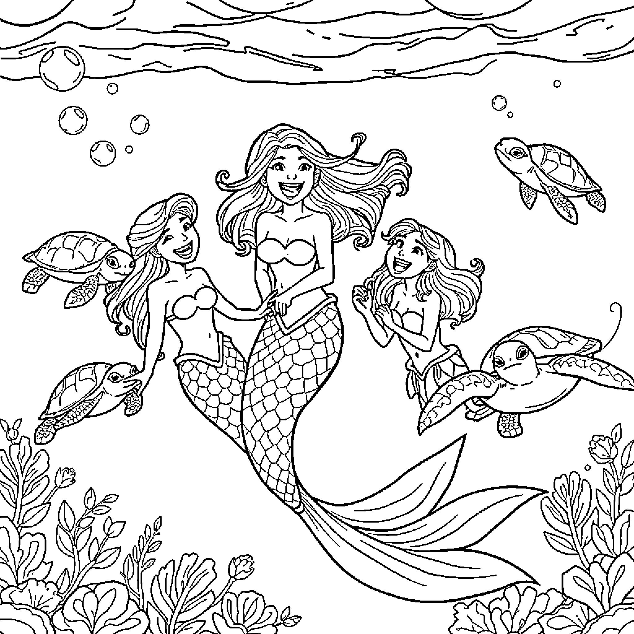 Mermaid and her friends in the underwater world Coloring Page (free black-and-white line drawing printable PDF for all, from beginners to advanced learners, including children, teens, adults, and seniors)