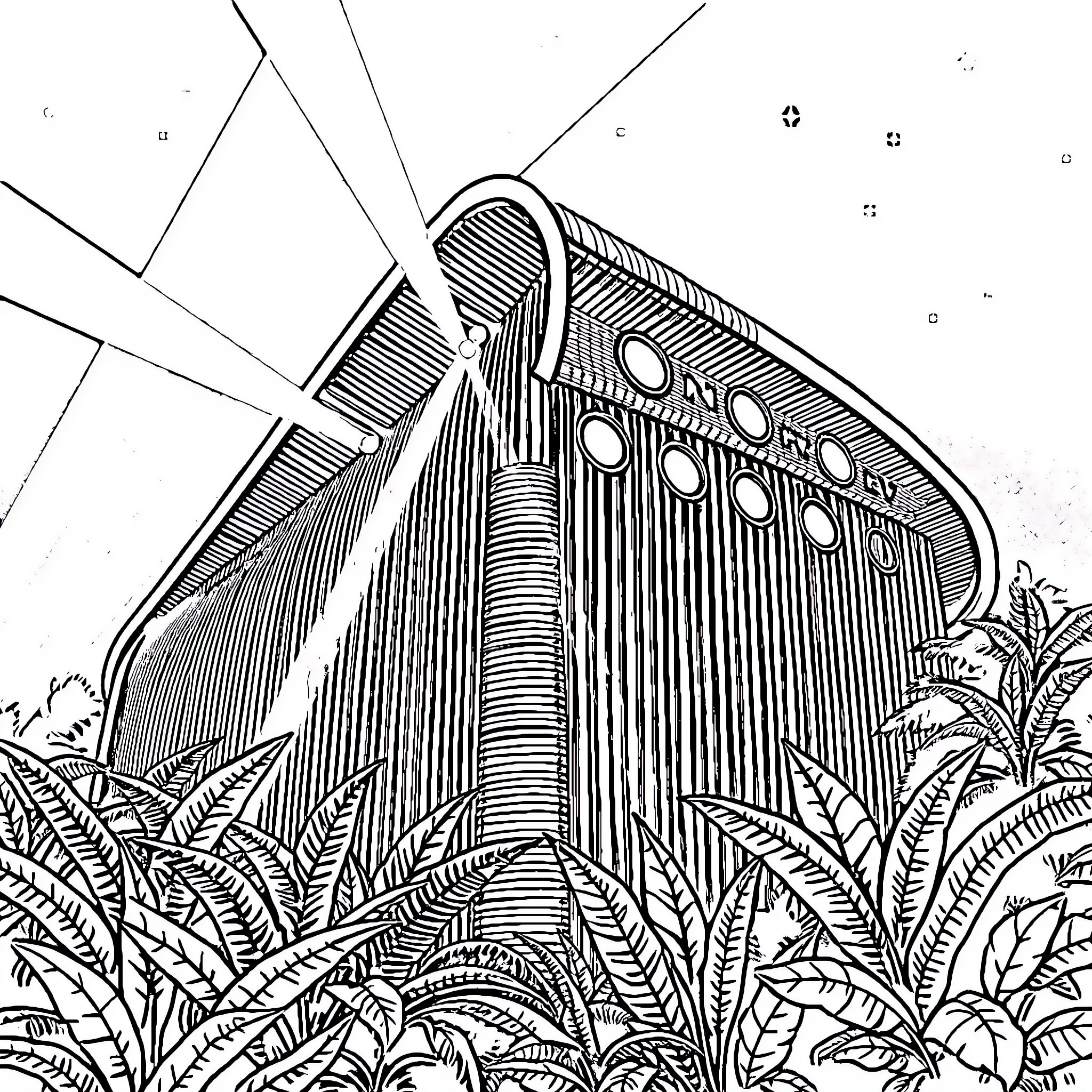 Nordev Building amidst tropical foliage Coloring Page (free black-and-white line drawing printable PDF for all, from beginners to advanced learners, including children, teens, adults, and seniors)