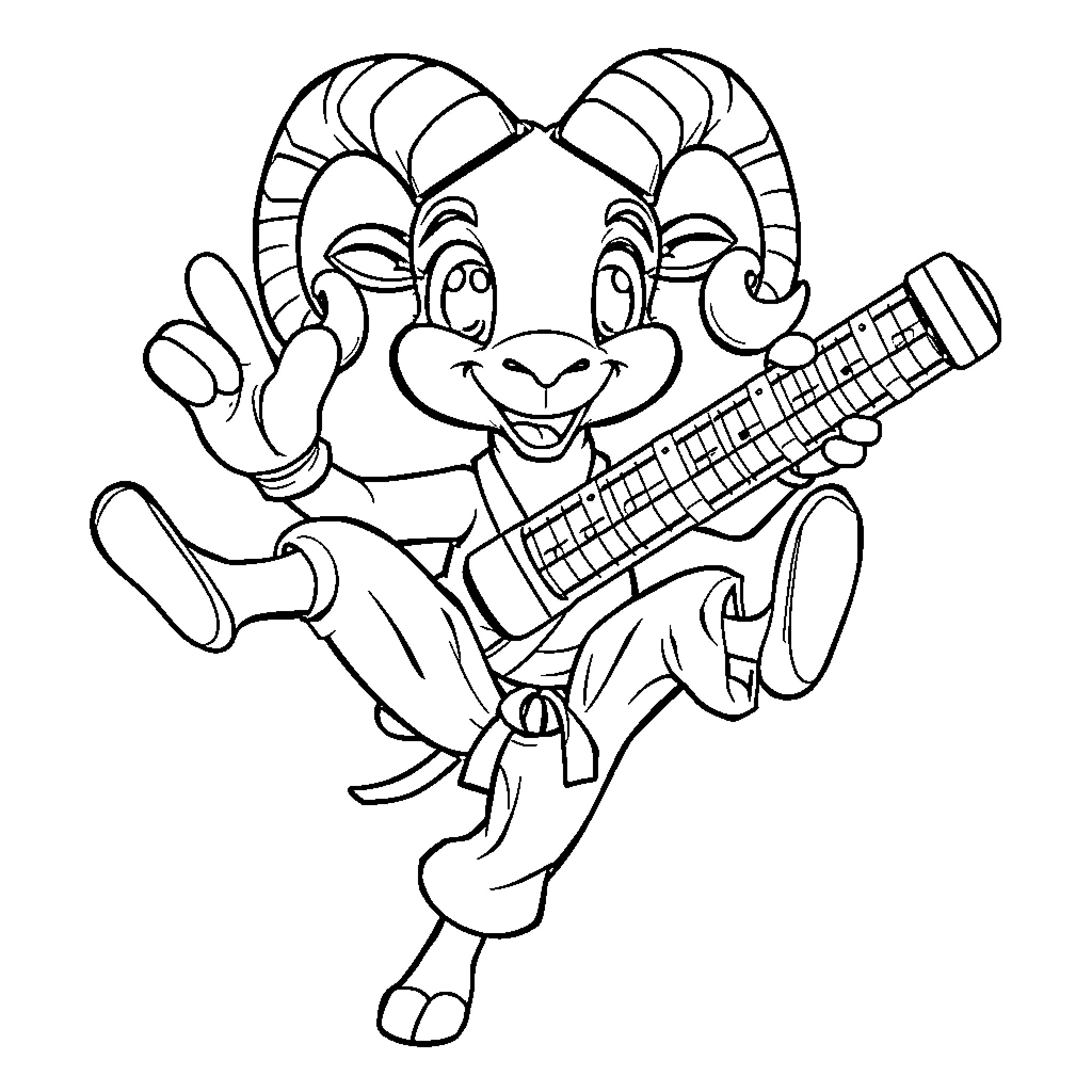 Ram playing happily with musical instrument Coloring Page (free black-and-white line drawing printable PDF for all, from beginners to advanced learners, including children, teens, adults, and seniors)