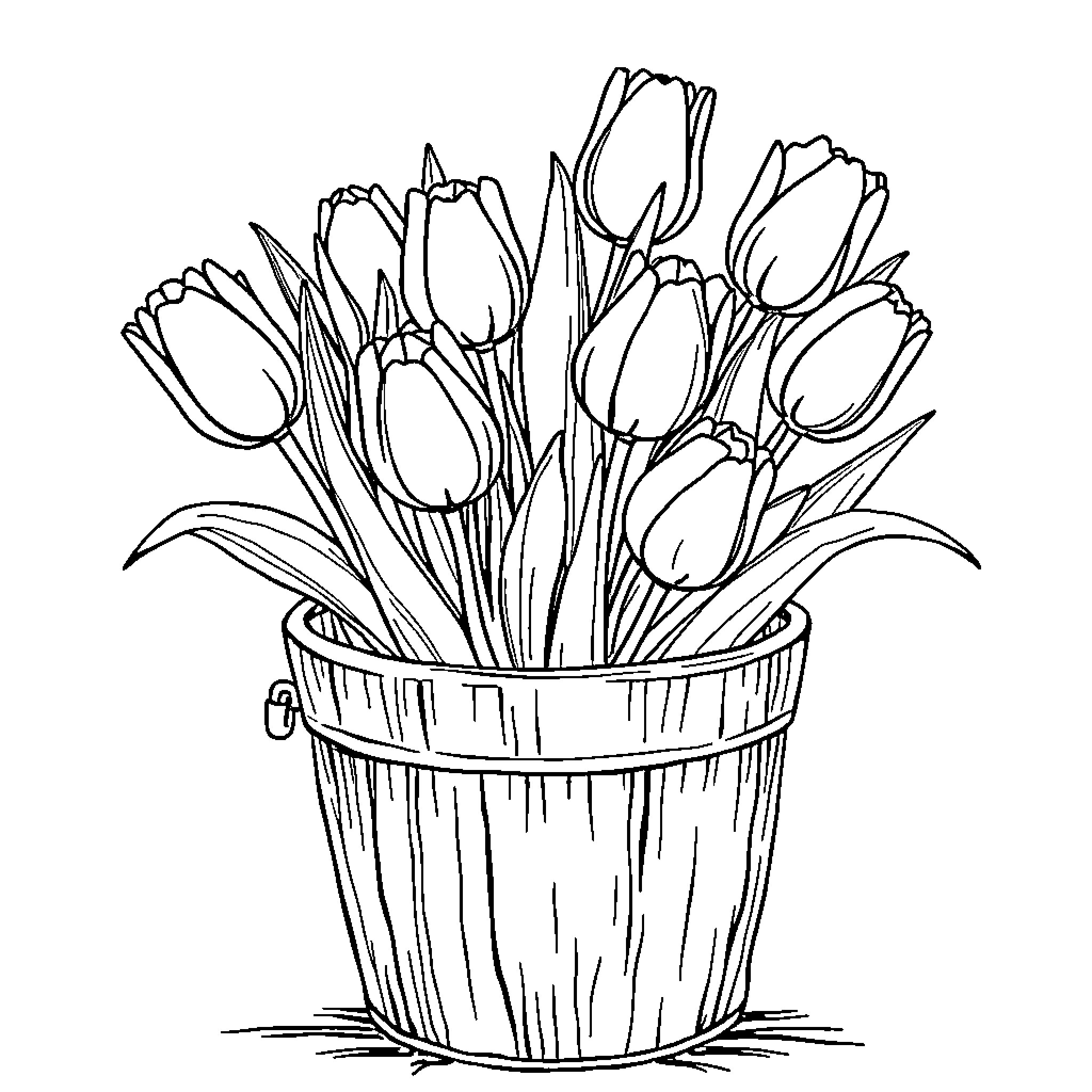 Tulip bouquet in a wooden planter Coloring Page (free black-and-white line drawing printable PDF for all, from beginners to advanced learners, including children, teens, adults, and seniors)
