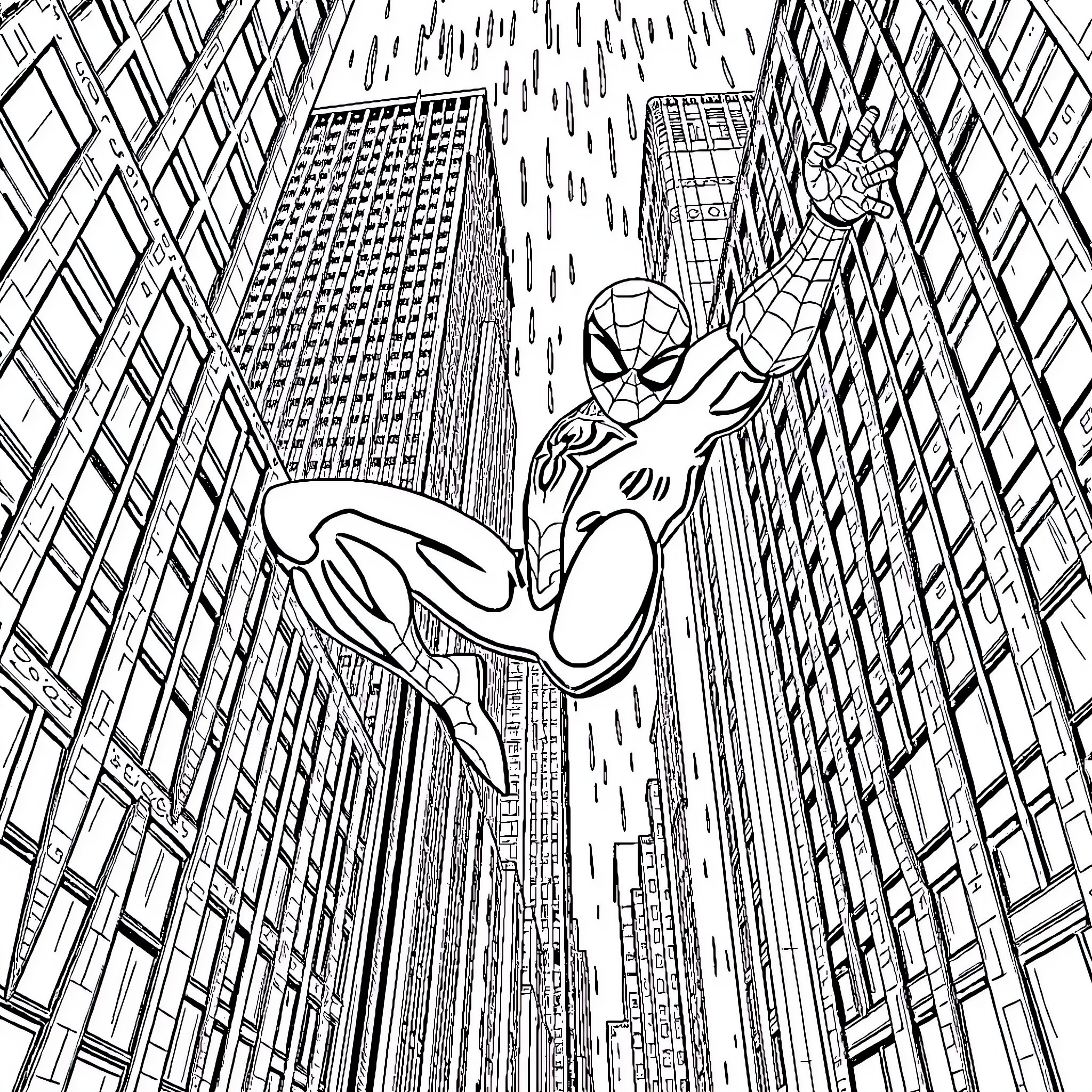 Spider-Man swinging through the city Coloring Page (free black-and-white line drawing printable PDF for all, from beginners to advanced learners, including children, teens, adults, and seniors)