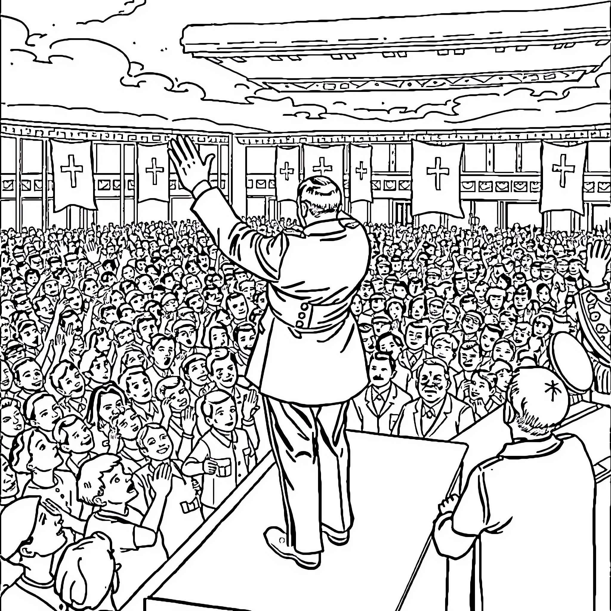 Adolf Hitler addressing a large crowd at a rally Coloring Page (free black-and-white line drawing printable PDF for all, from beginners to advanced learners, including children, teens, adults, and seniors)